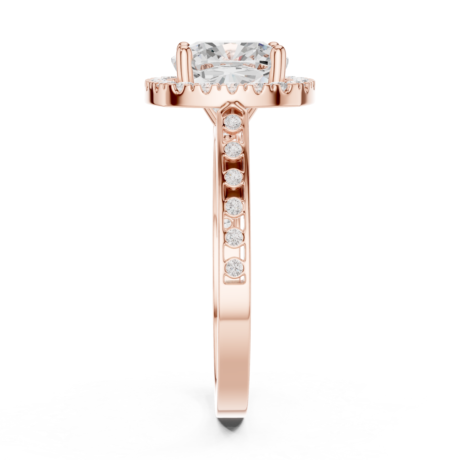  Rose Gold Eclipse Radiance Cushion Halo Ring Side View