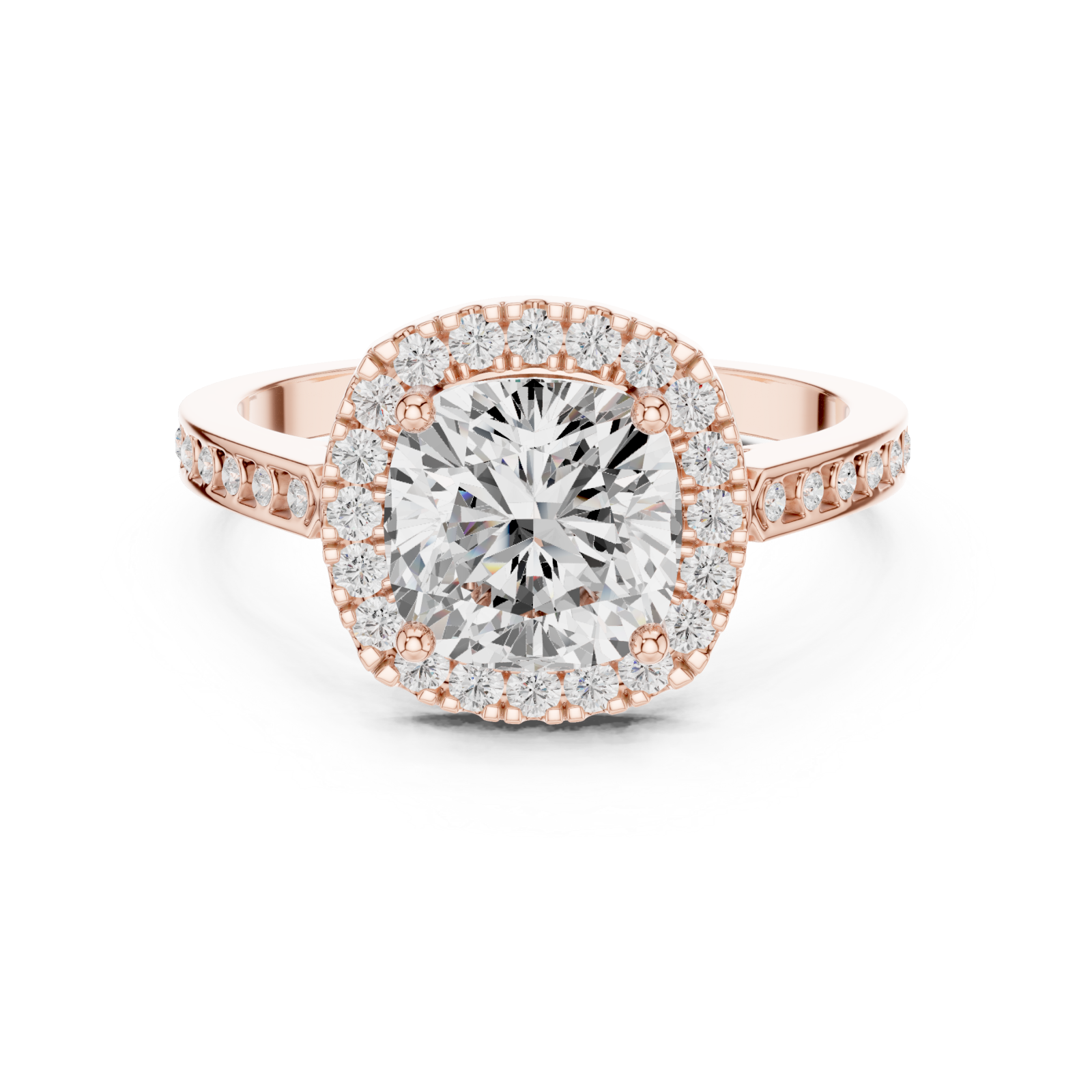  Rose Gold Eclipse Radiance Cushion Halo Ring Front View