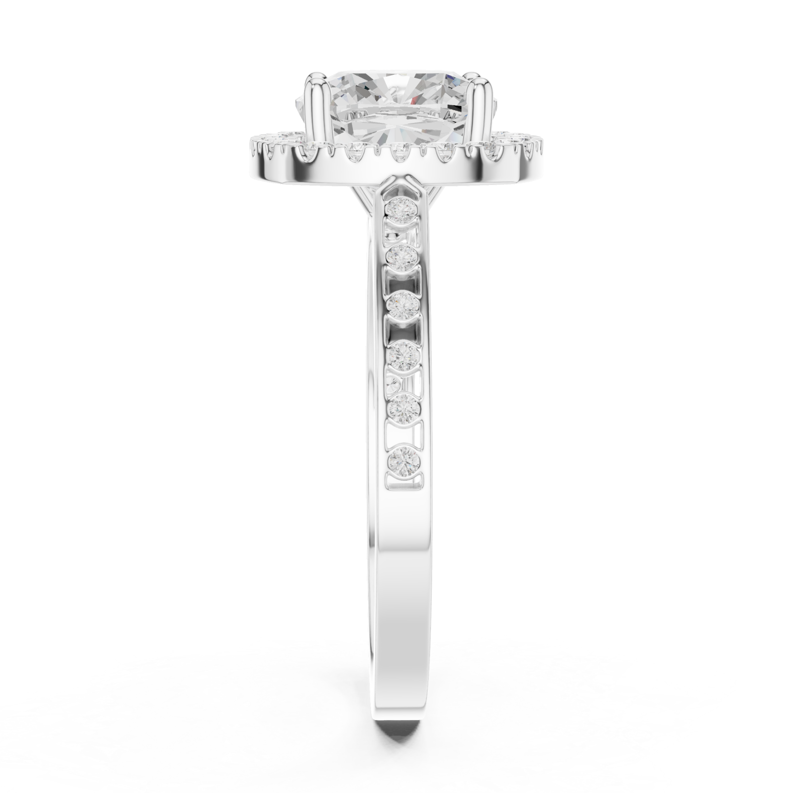  White Gold Eclipse Radiance Cushion Halo Ring Side View