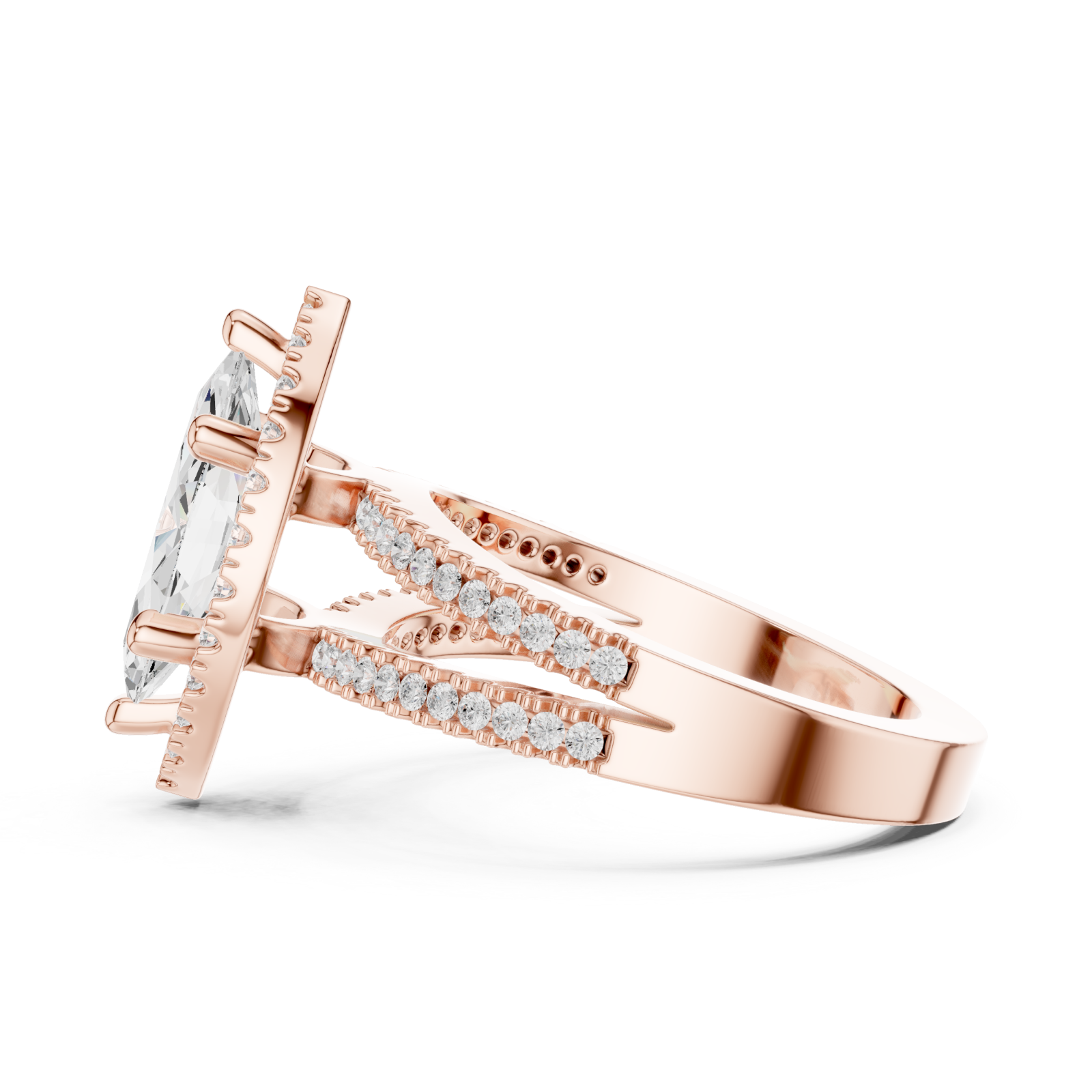  Rose Gold Cascade Marquise Halo Band Ring Side View