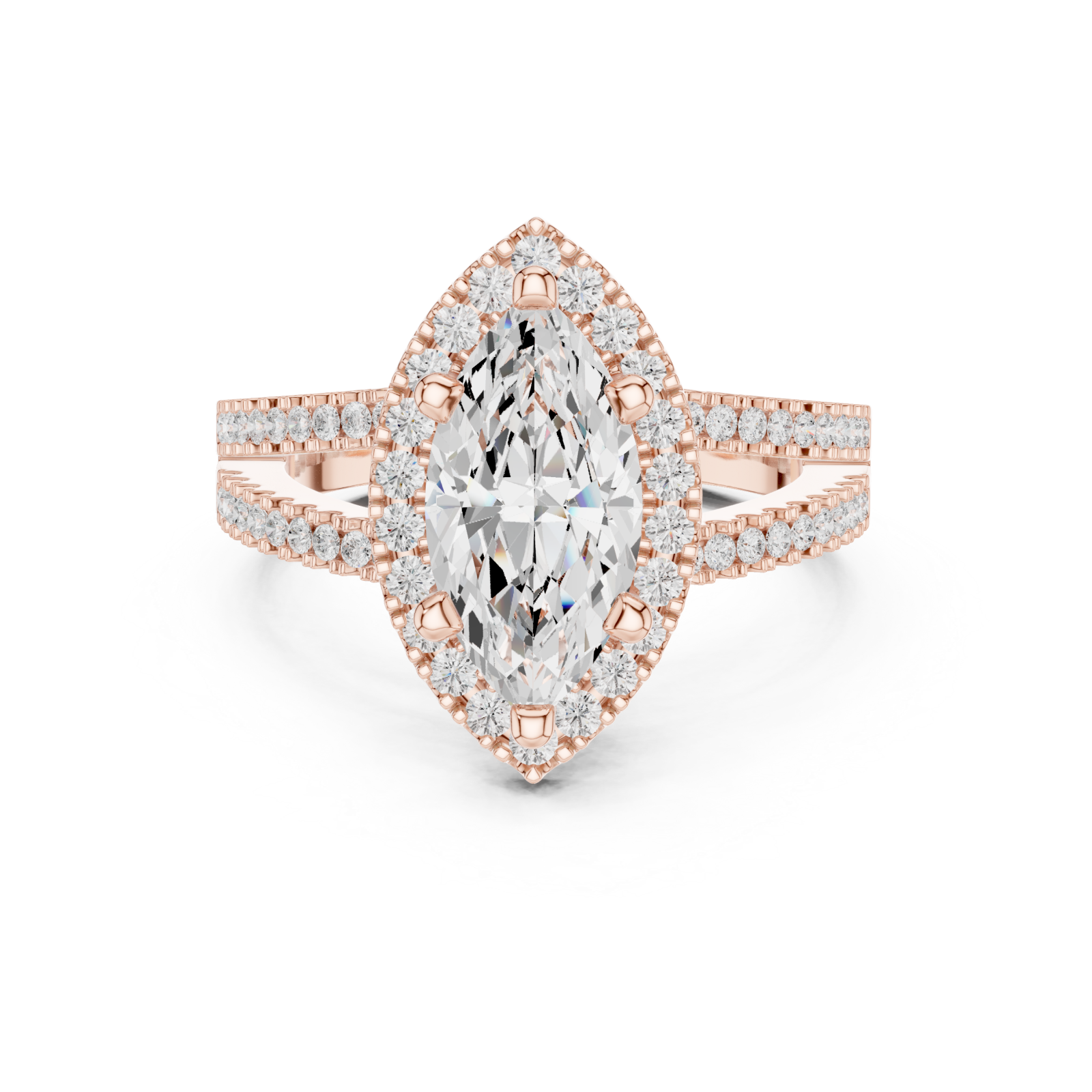  Rose Gold Cascade Marquise Halo Band Ring Front View