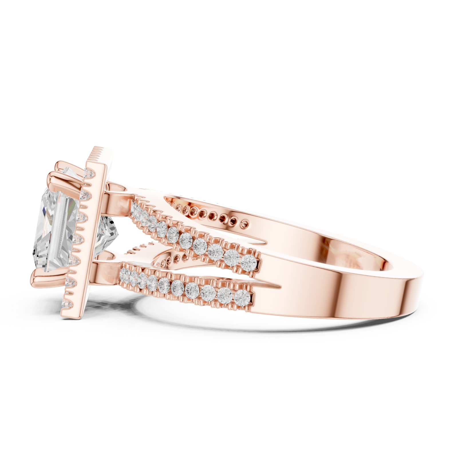  Rose Gold Regency Halo Princess Ring Side View
