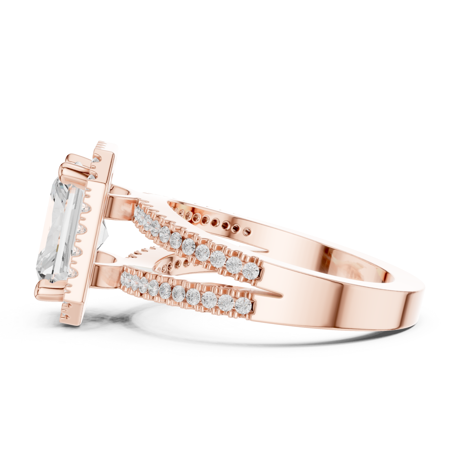  Rose Gold Radiant Majesty Halo Engagement Ring Side View