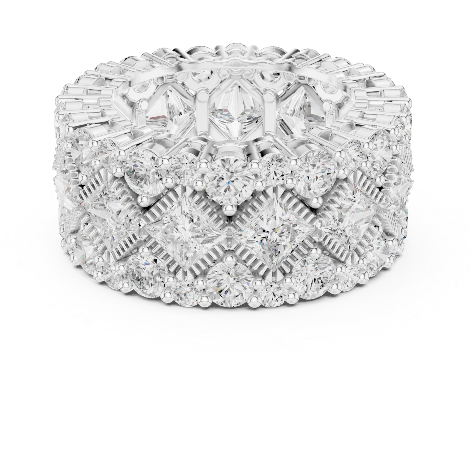  White Gold Radiant Cascade Mosaic Wide Statement Ring Front View