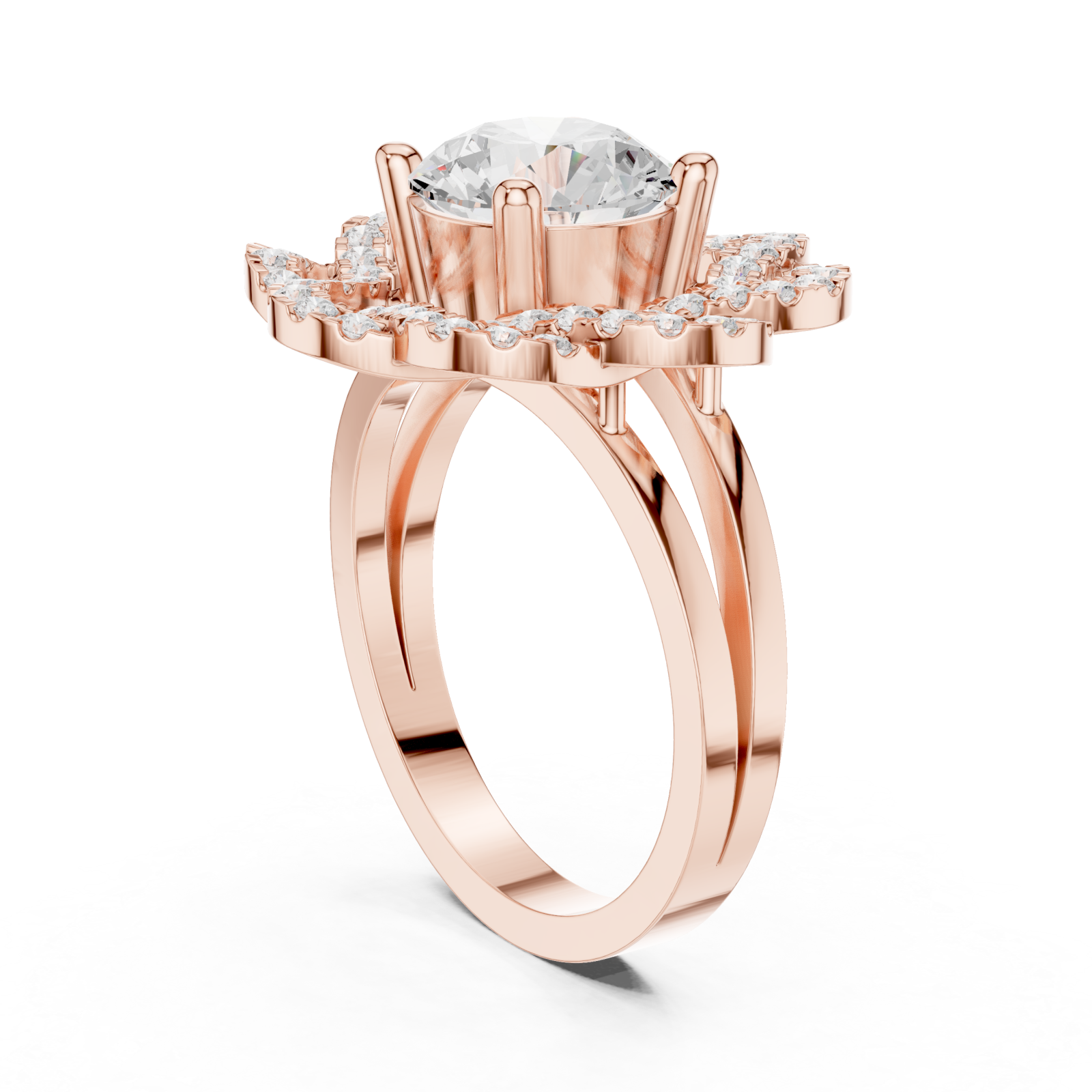  Rose Gold Radiant Lily Petal Double Halo Statement Ring Left View