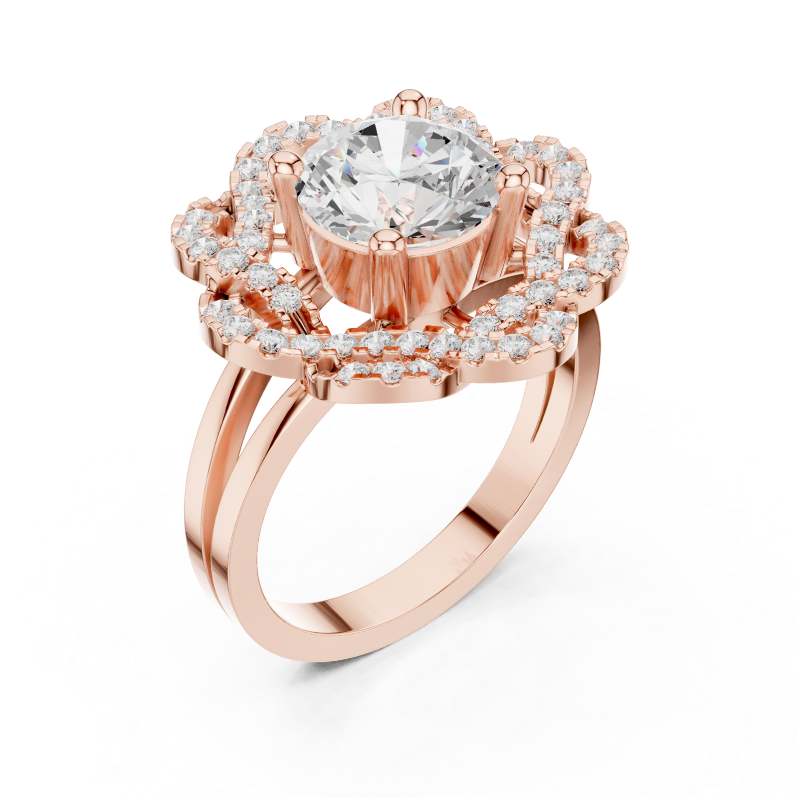  Rose Gold Radiant Lily Petal Double Halo Statement Ring Right View