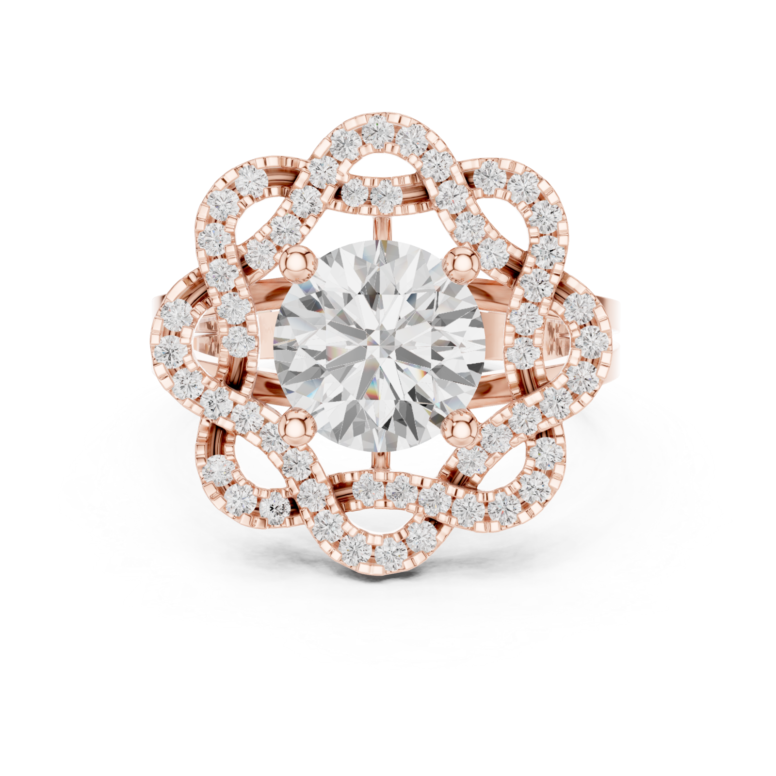  Rose Gold Radiant Lily Petal Double Halo Statement Ring Front View
