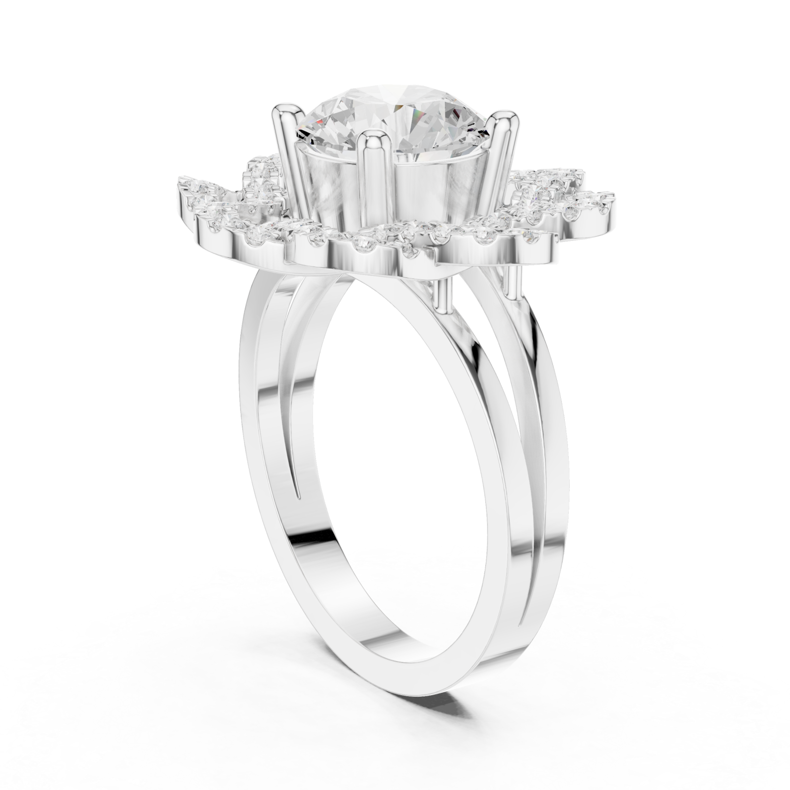  White Gold Radiant Lily Petal Double Halo Statement Ring Left View