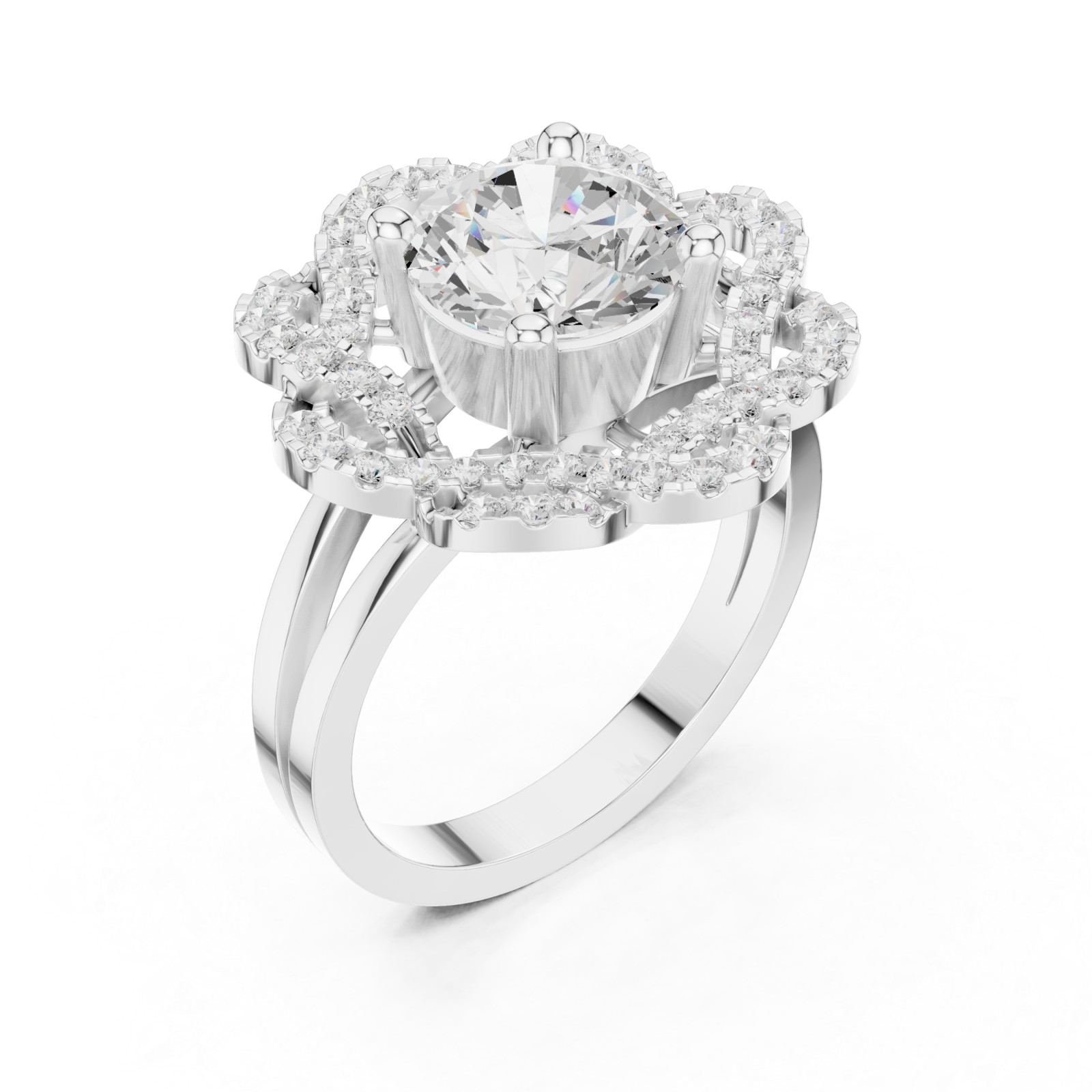  White Gold Radiant Lily Petal Double Halo Statement Ring Right View