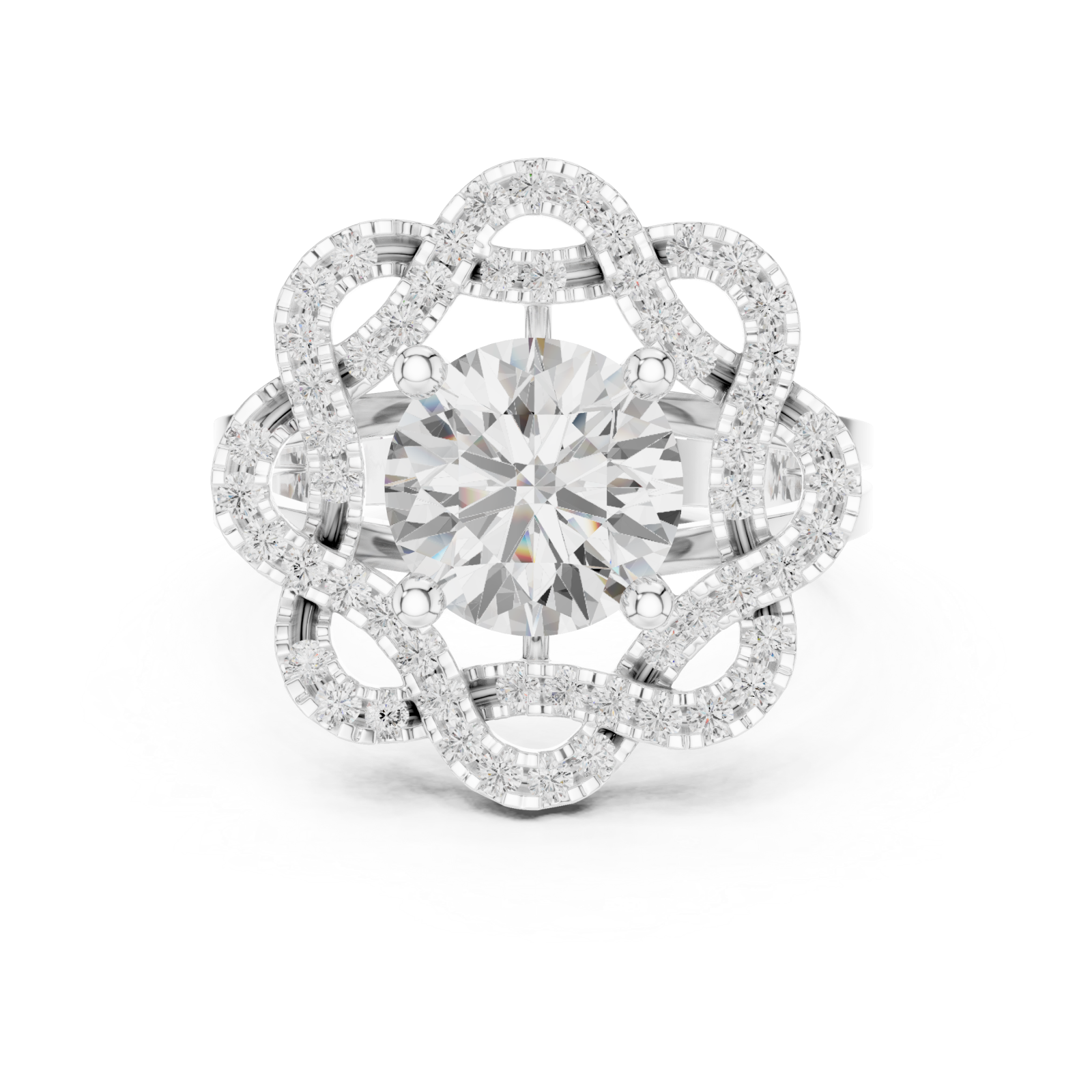  White Gold Radiant Lily Petal Double Halo Statement Ring Front View