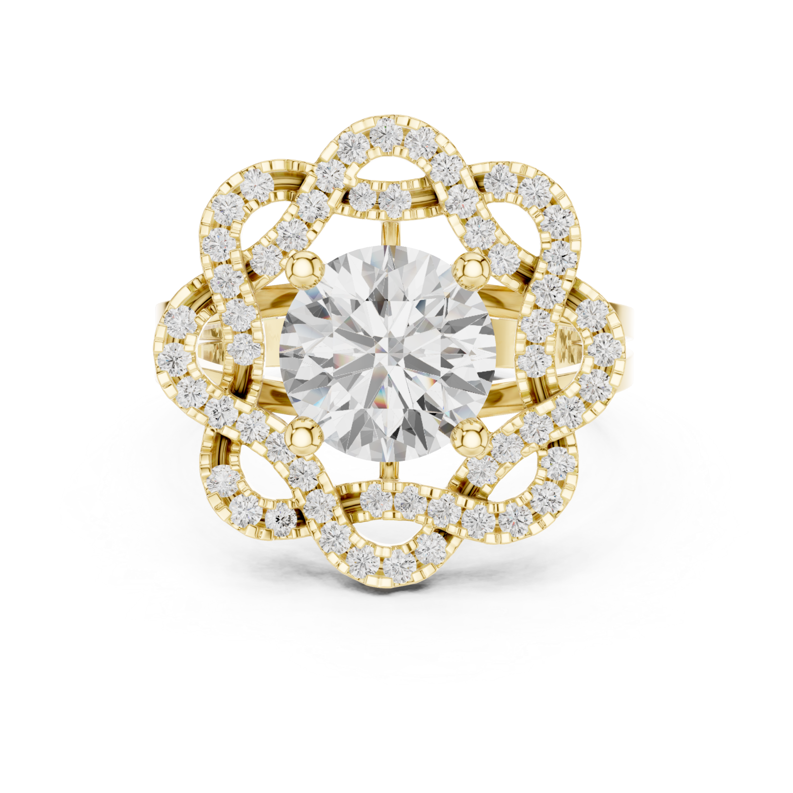  Gold Radiant Lily Petal Double Halo Statement Ring Front View