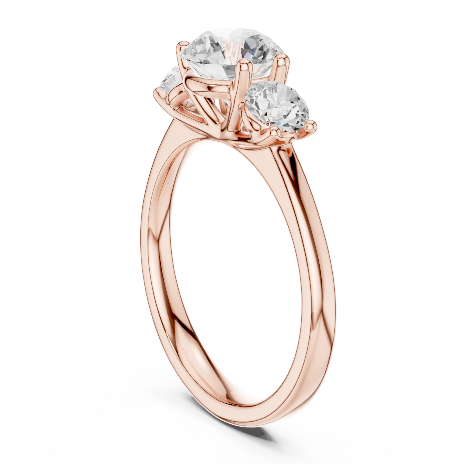  Rose Gold Radiant Crest Elegance Three Stone Promise Ring Left View