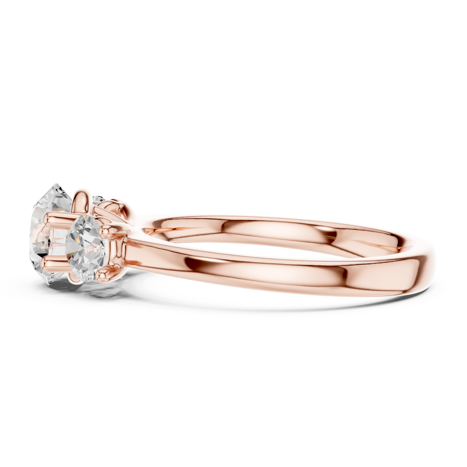  Rose Gold Radiant Crest Elegance Three Stone Promise Ring Side View