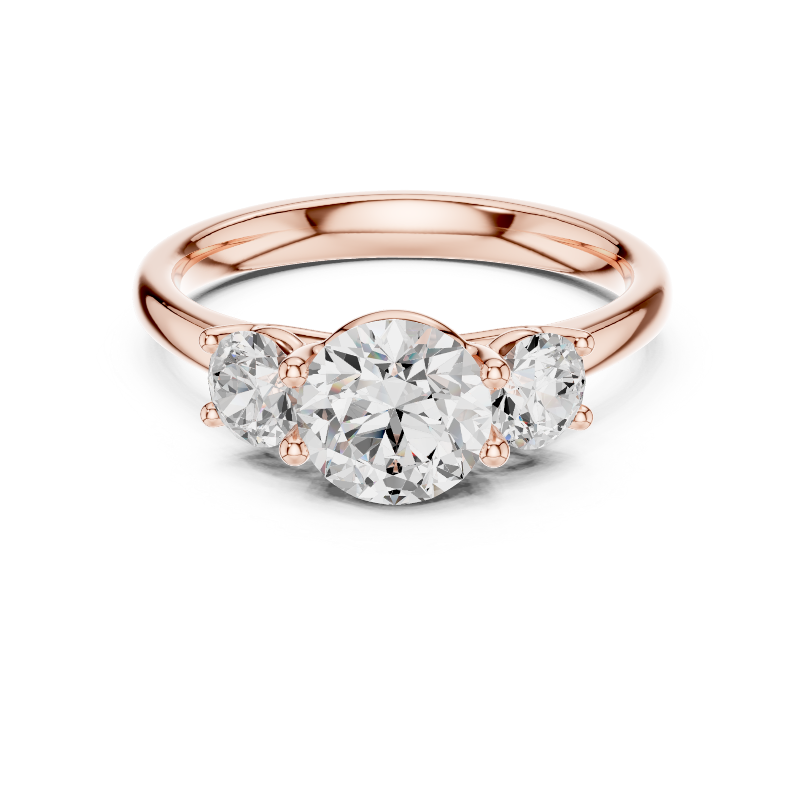  Rose Gold Radiant Crest Elegance Three Stone Promise Ring Front View