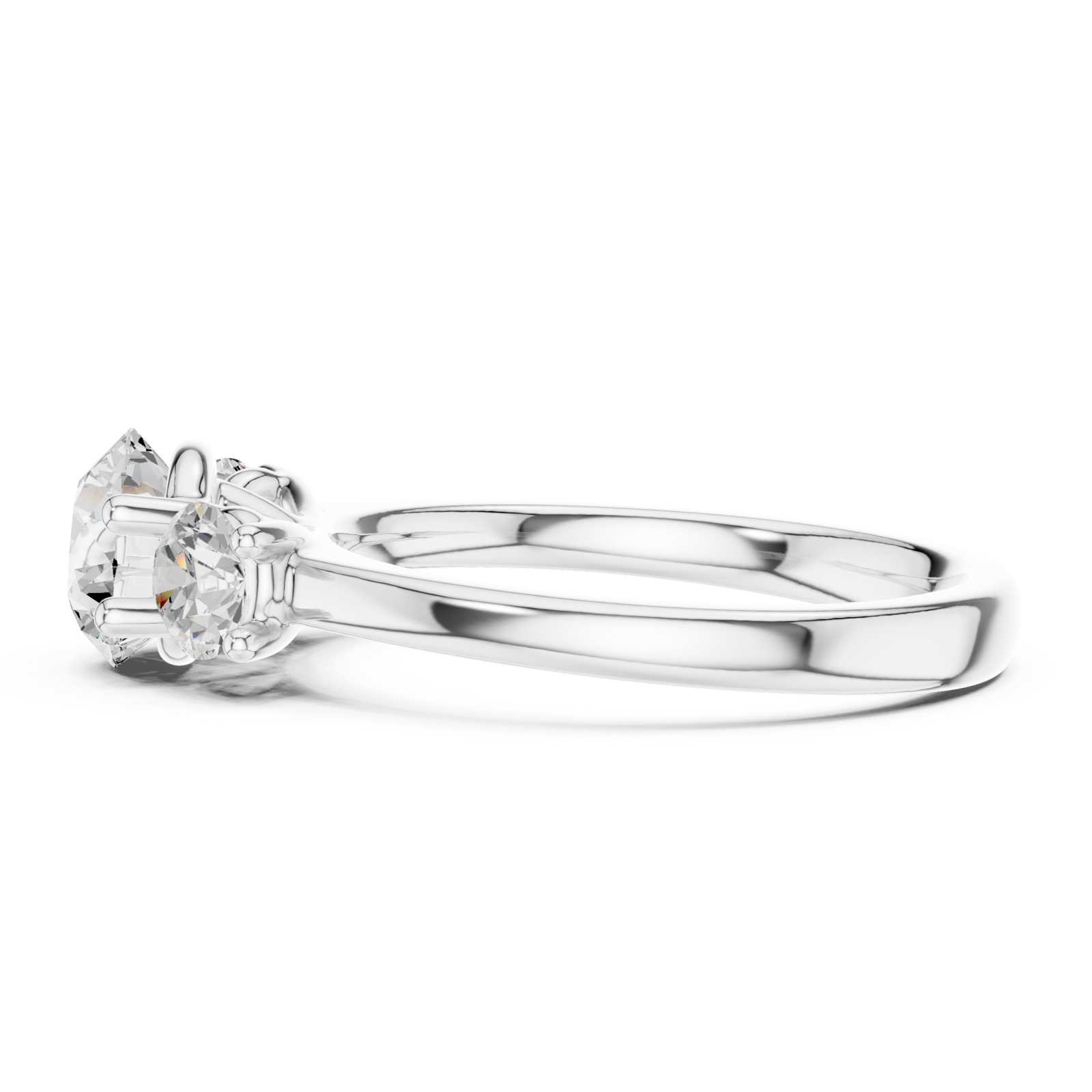  White Gold Radiant Crest Elegance Three Stone Promise Ring Side View