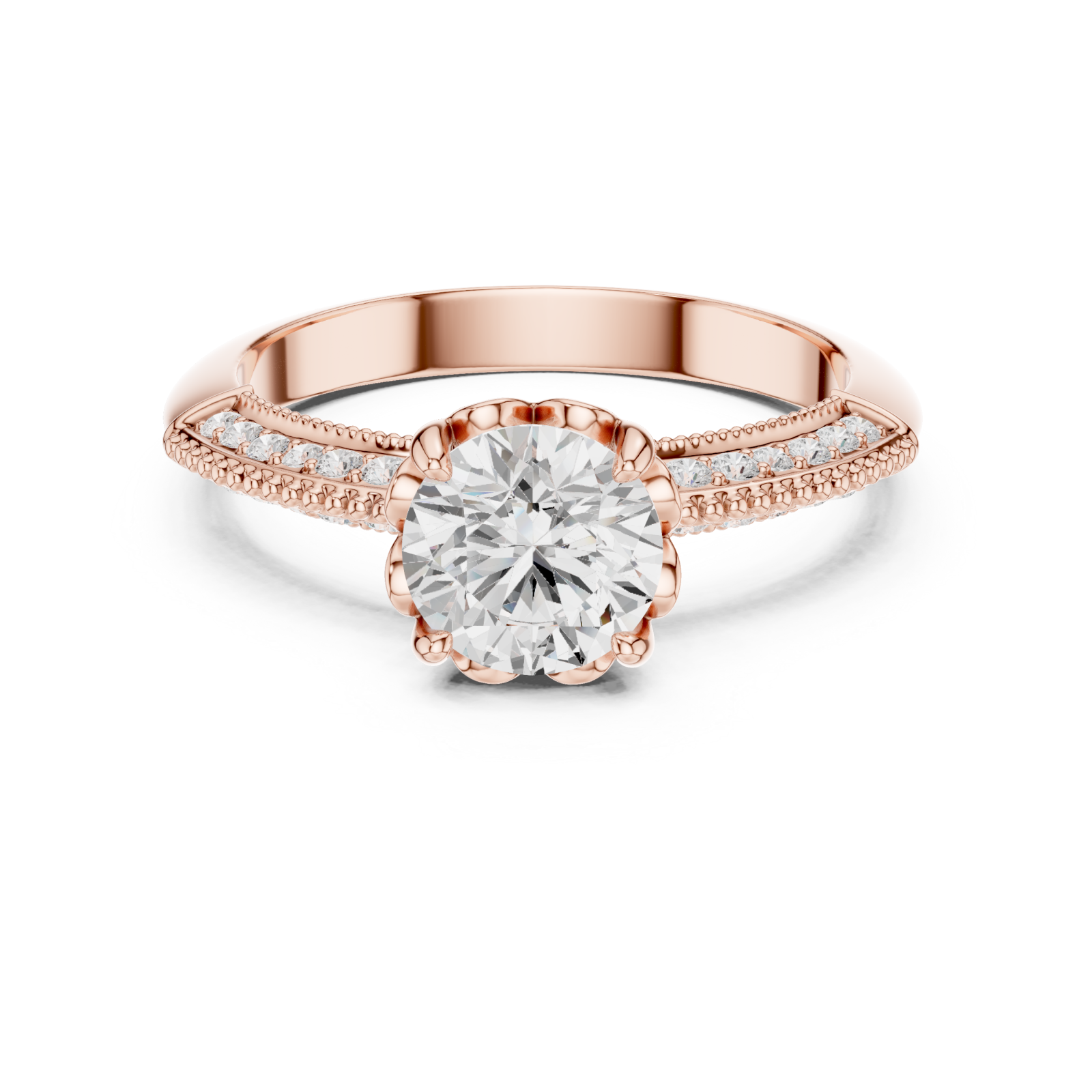 Rose Gold Radiant Blossom Halo Ring Front View