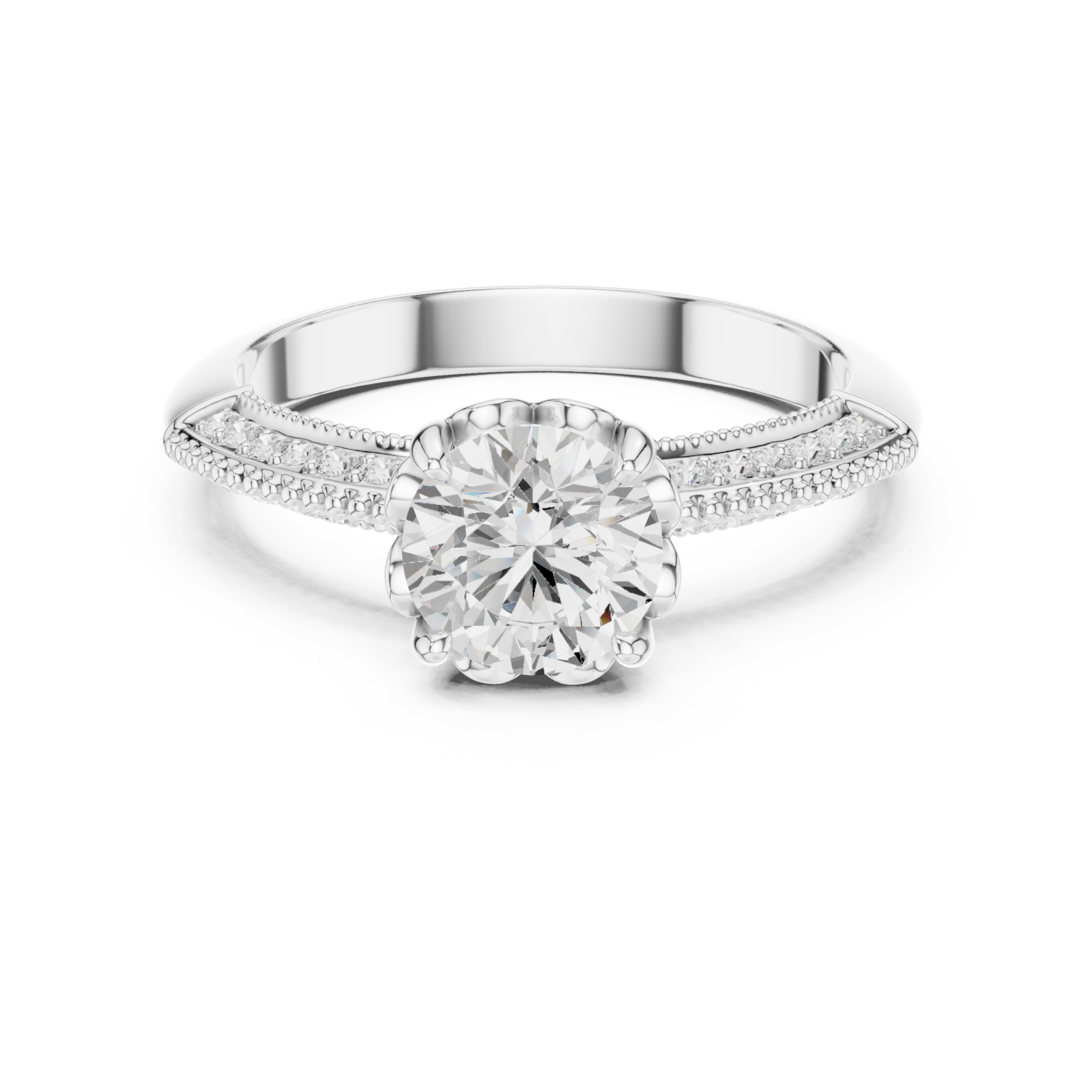  White Gold Radiant Blossom Halo Ring Front View