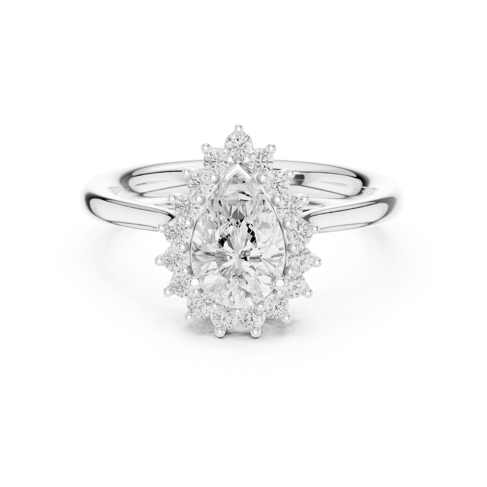  White Gold Teardrop Regal Crown Ring Front View