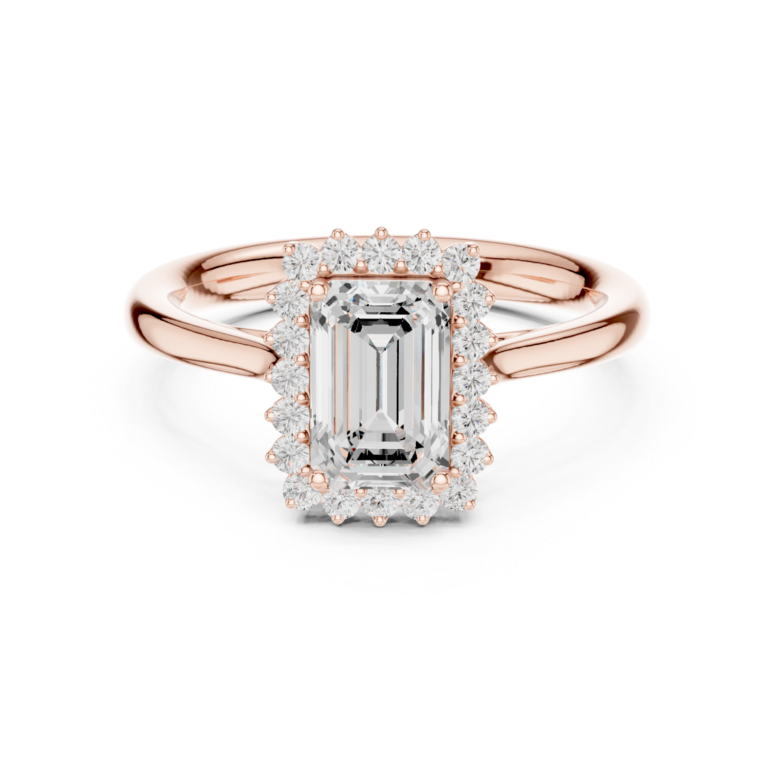  Rose Gold Emerald Halo Grace Ring Front View
