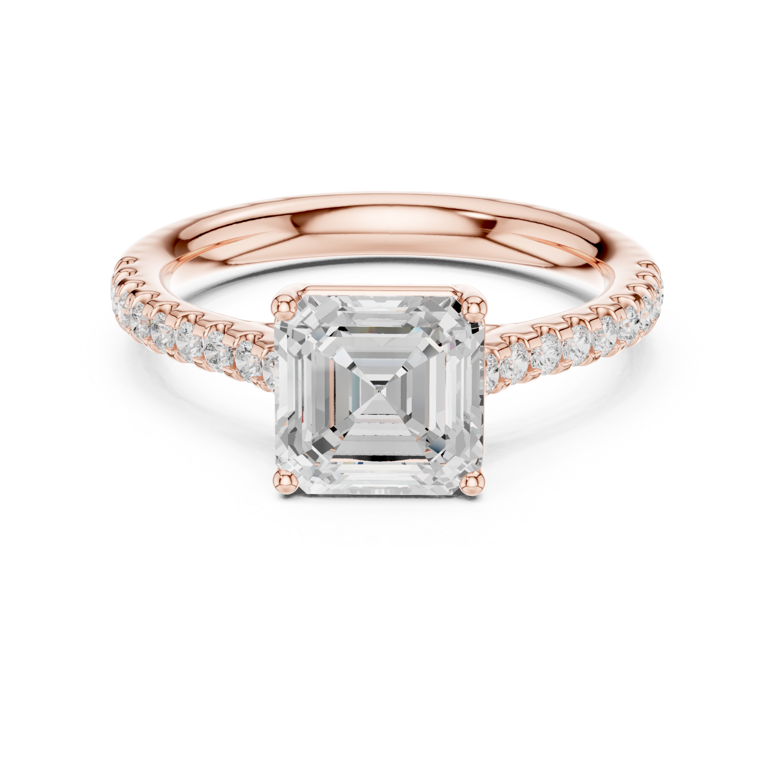  Rose Gold Radiant Cascade Halo Ring Front View