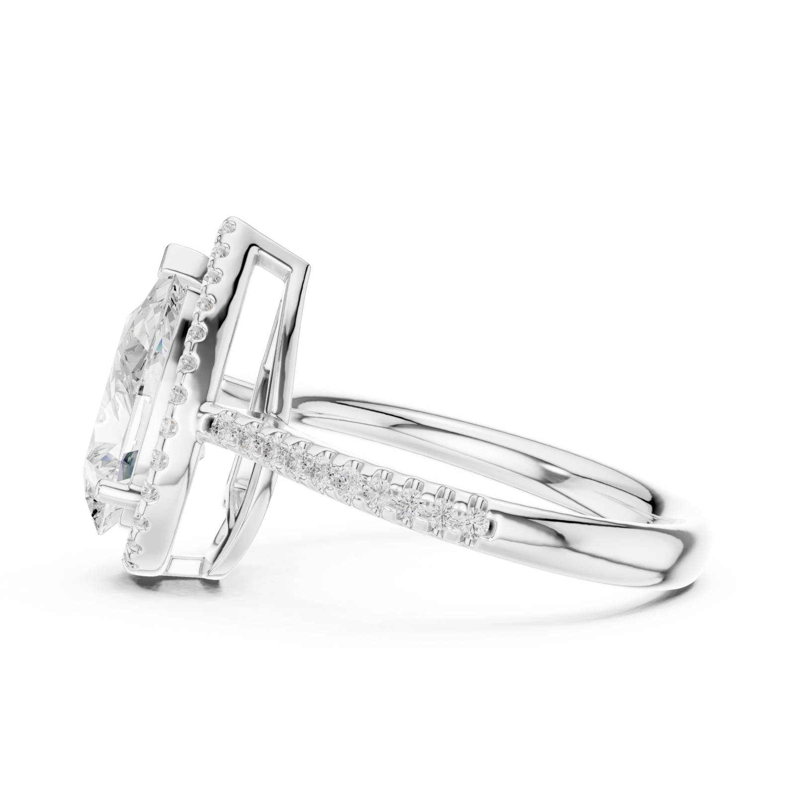  White Gold Radiant Teardrop Halo Statement Ring Side View