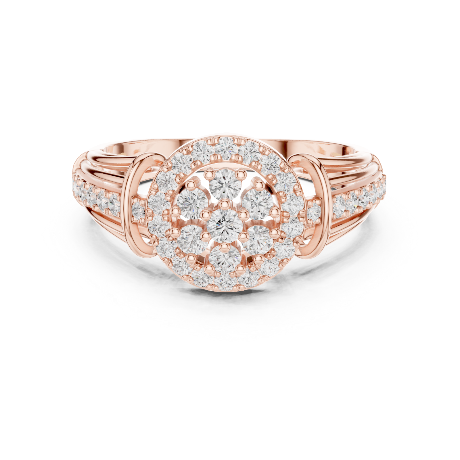  Rose Gold Sparkling Petal Embrace Designer Ring Front View