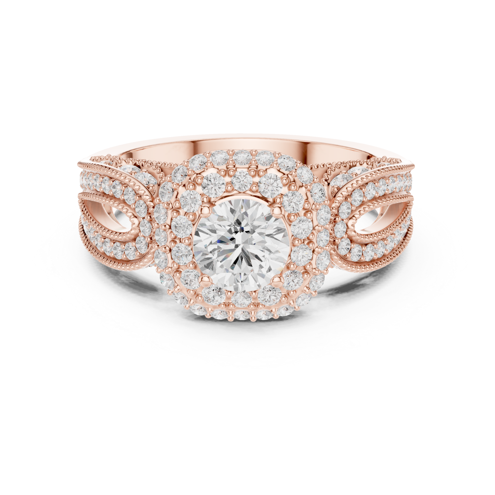  Rose Gold Twilight Cascade Double Halo Cocktail Ring Front View