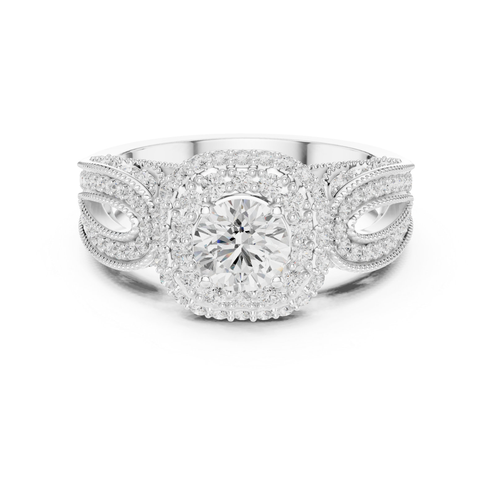  White Gold Twilight Cascade Double Halo Cocktail Ring Front View