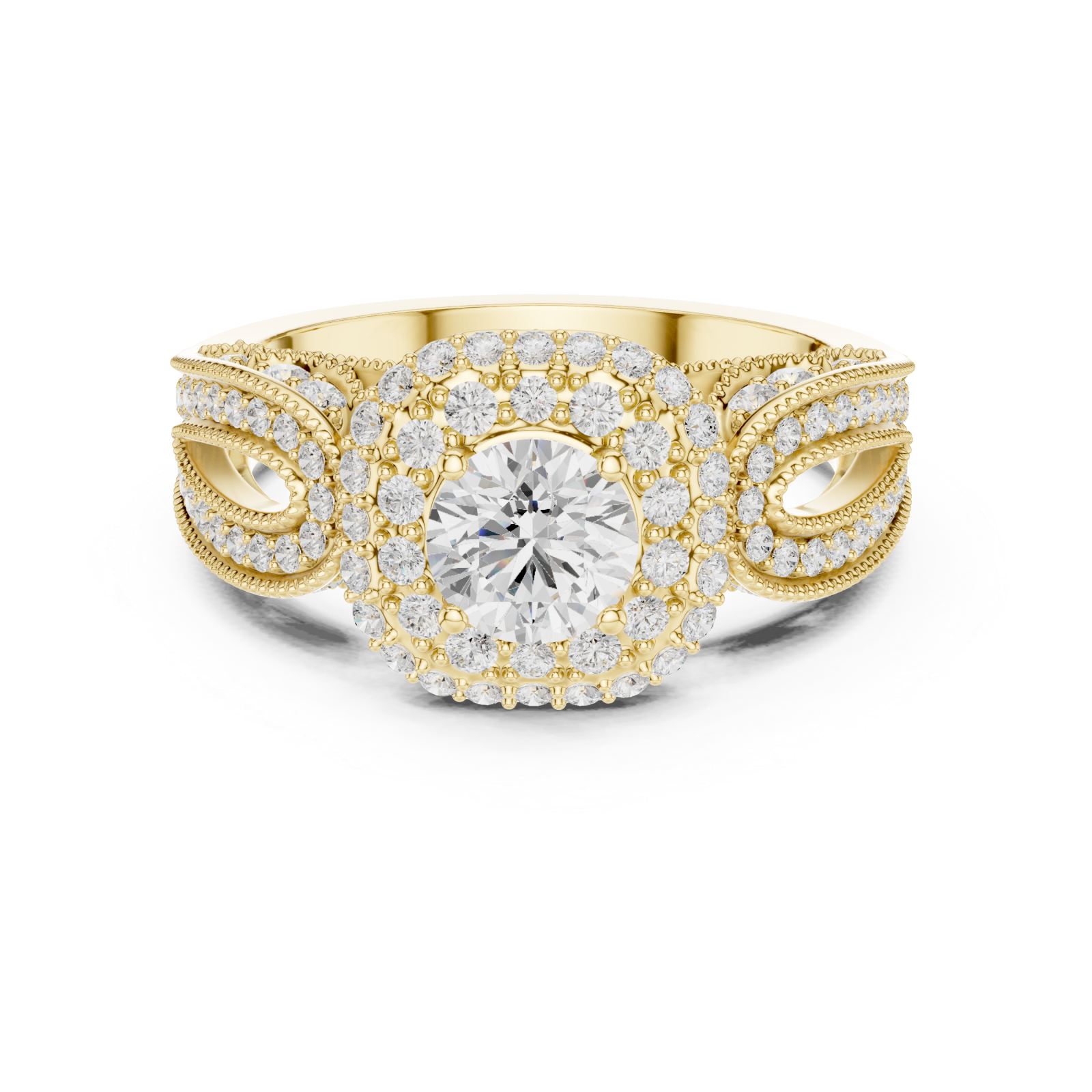  Gold Twilight Cascade Double Halo Cocktail Ring Front View