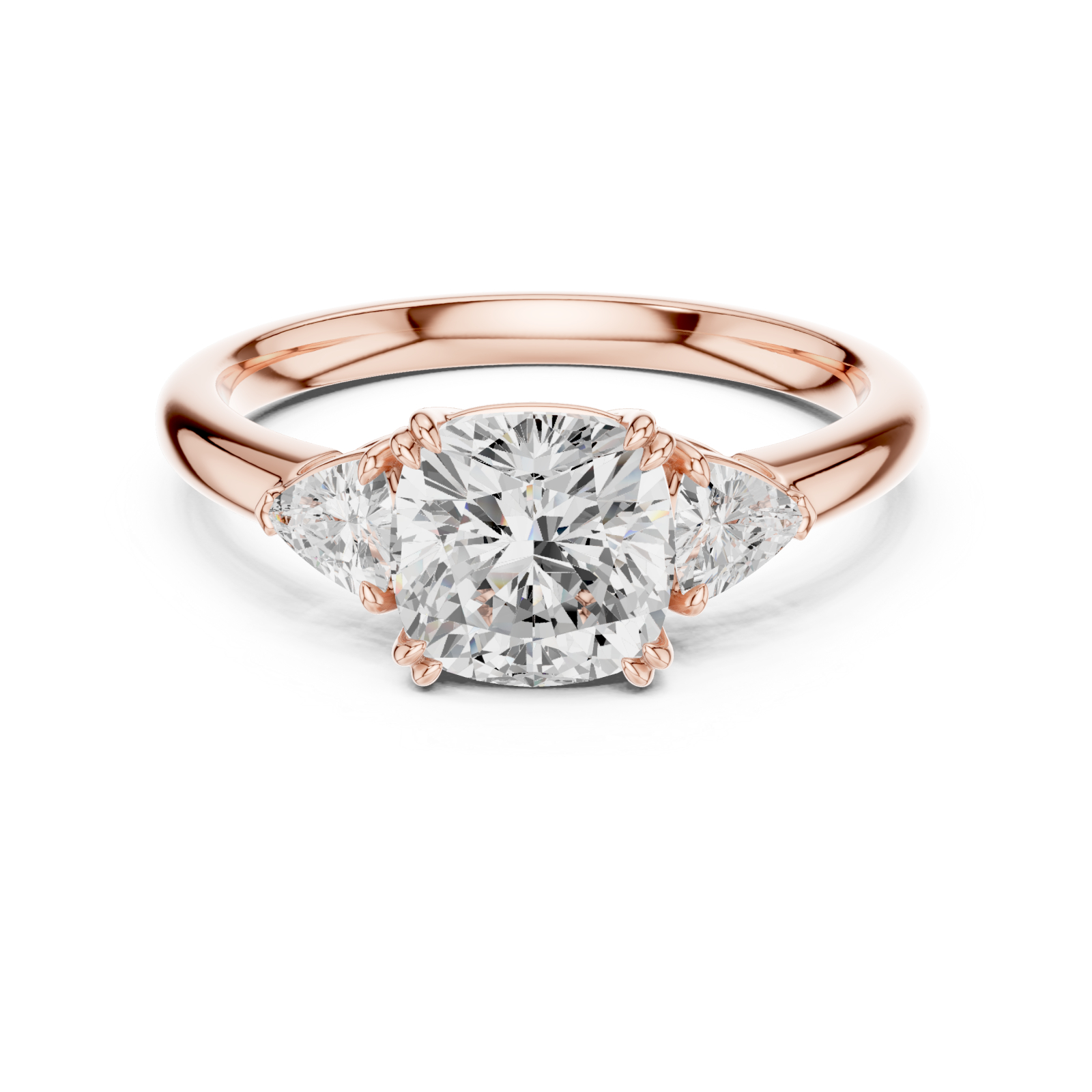  Rose Gold Radiant Harmony Three Stone Ring Front View