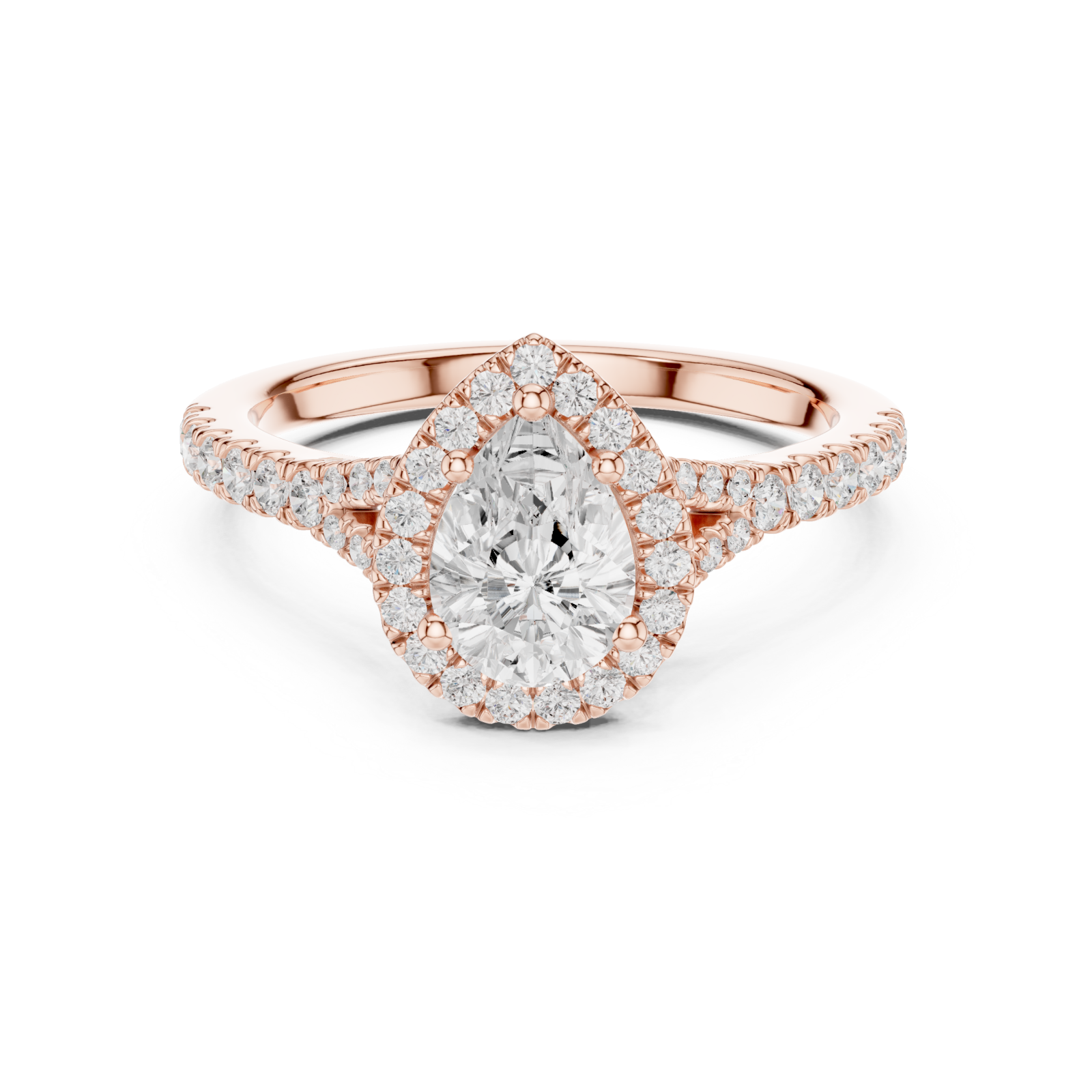  Rose Gold Adorned Halo Teardrop Ring Front View