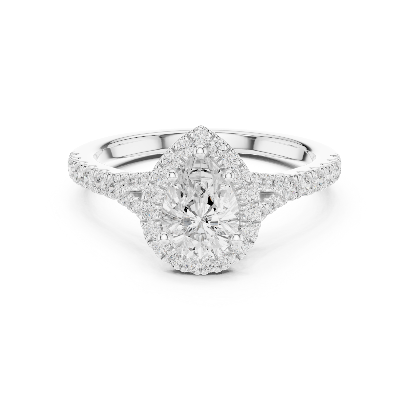  White Gold Adorned Halo Teardrop Ring Front View