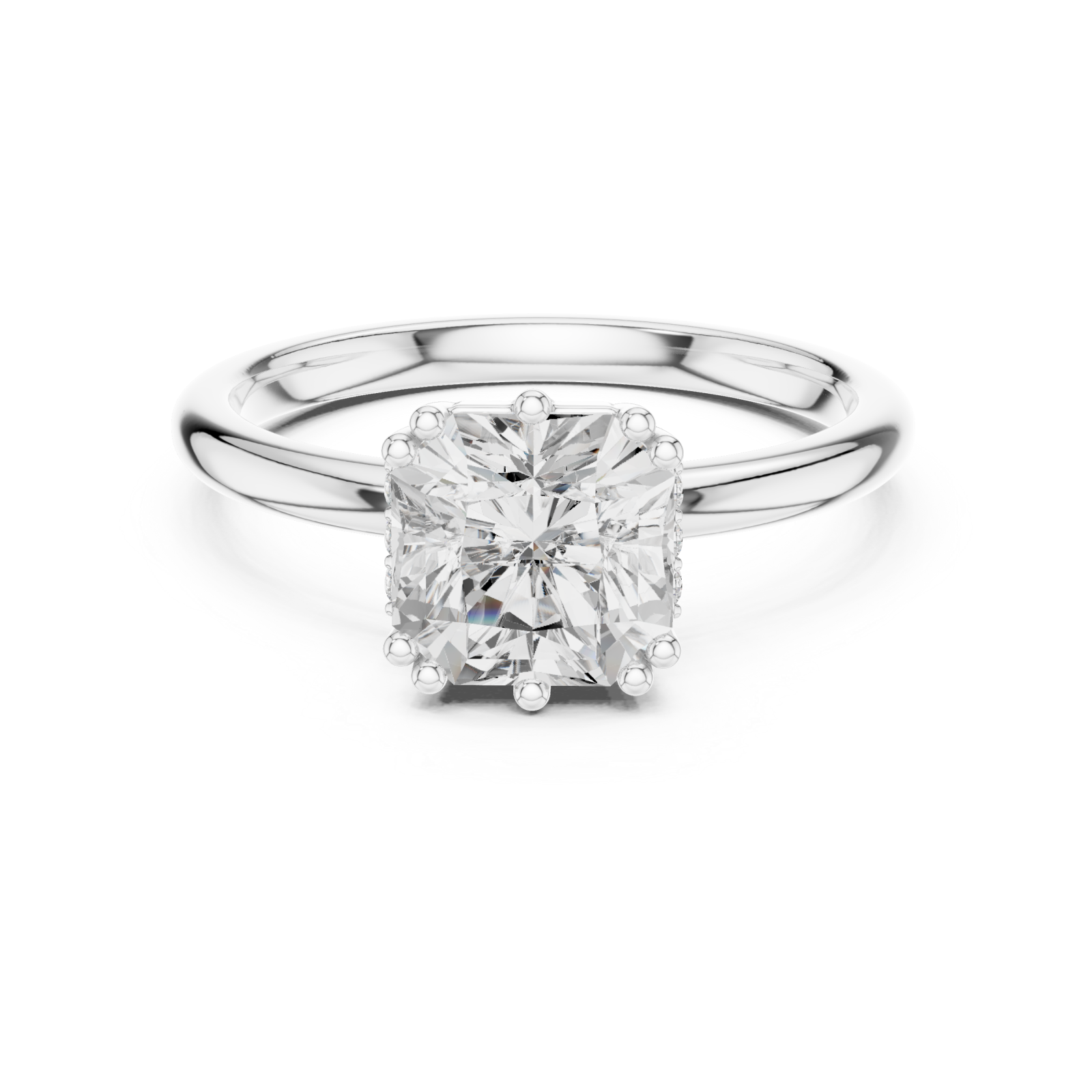  White Gold Radiant Embrace Solitaire Halo Accent Ring Front View