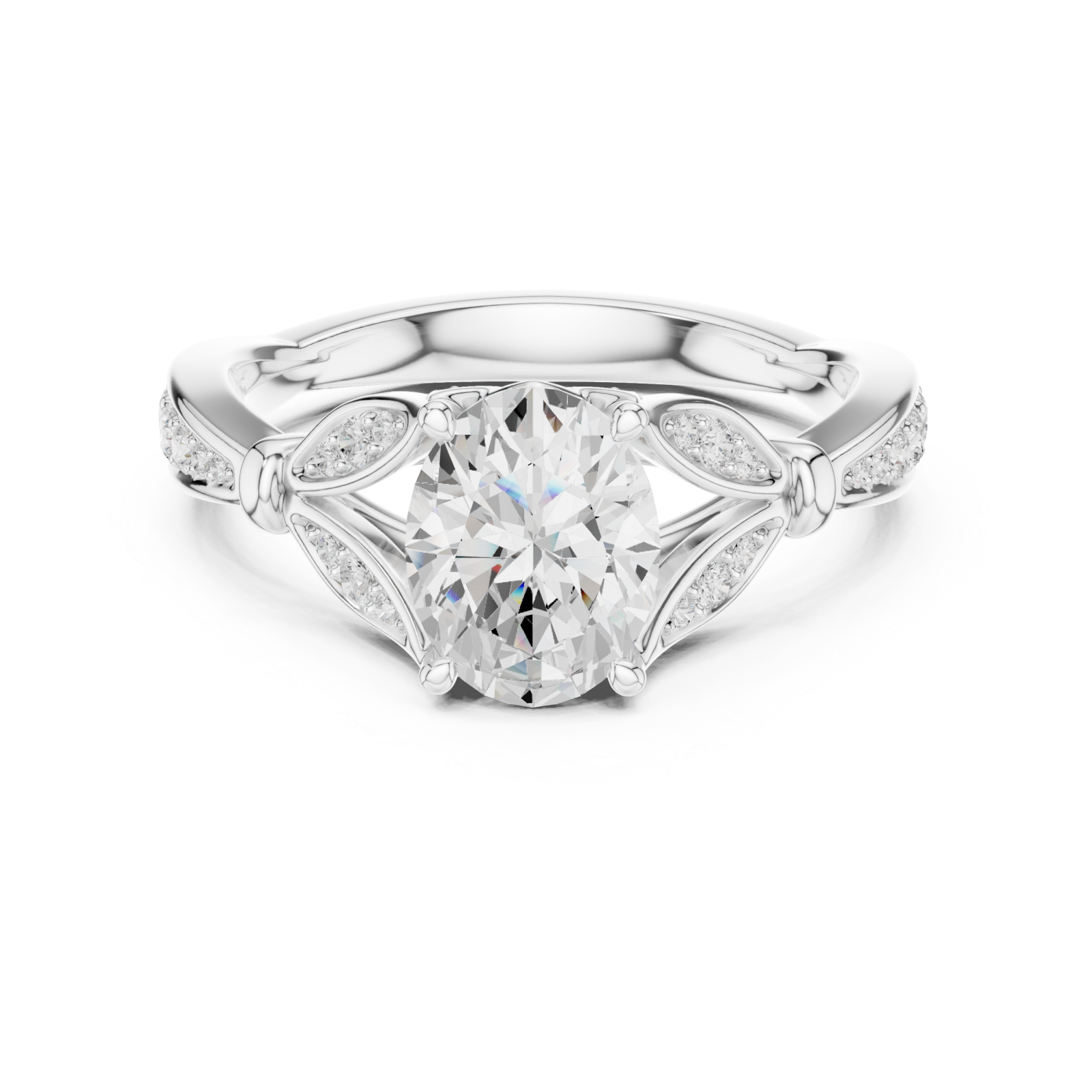  White Gold Luminous Embrace Leaf Motif Ring Front View
