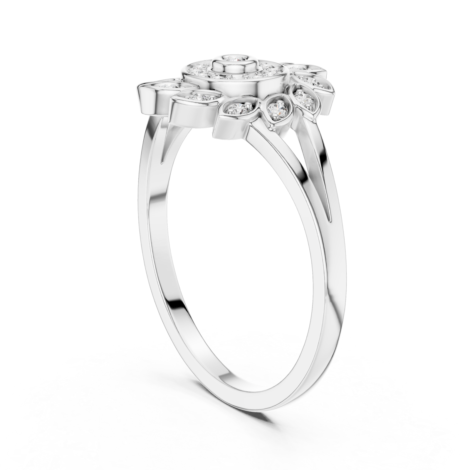  White Gold Petal Halo Statement Ring Left View