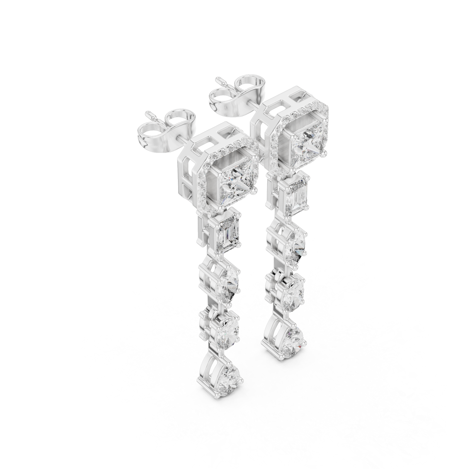  White Gold Geometric Cascade Hanging Earrings Right View