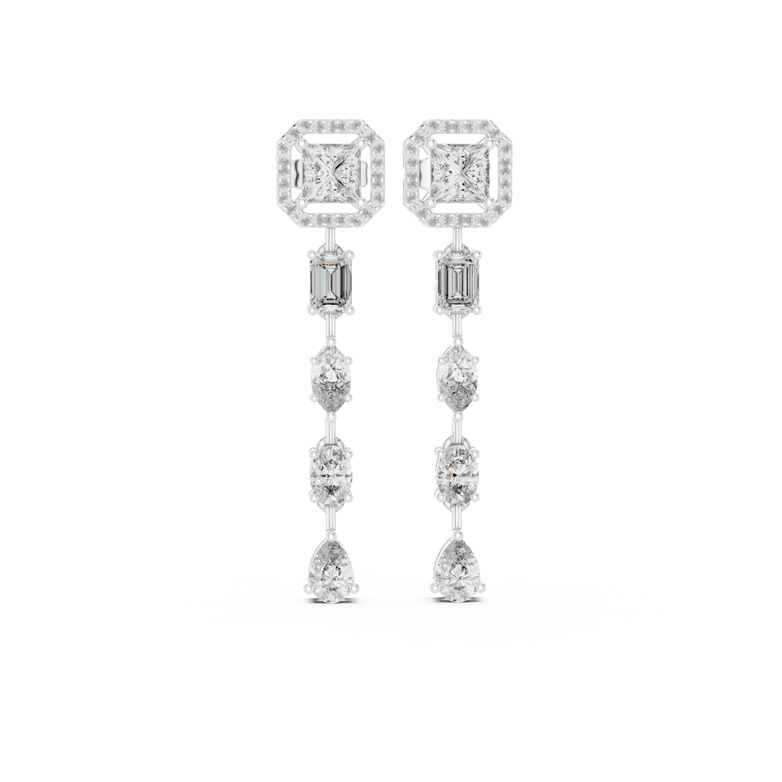  White Gold Geometric Cascade Hanging Earrings Front View
