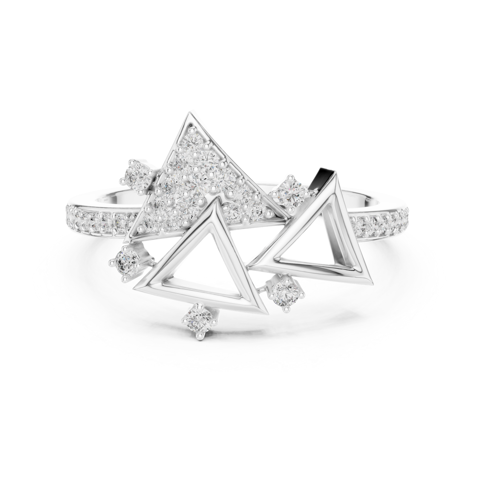  White Gold Graceful Flair Arrow Cluster Statement Ring Front View