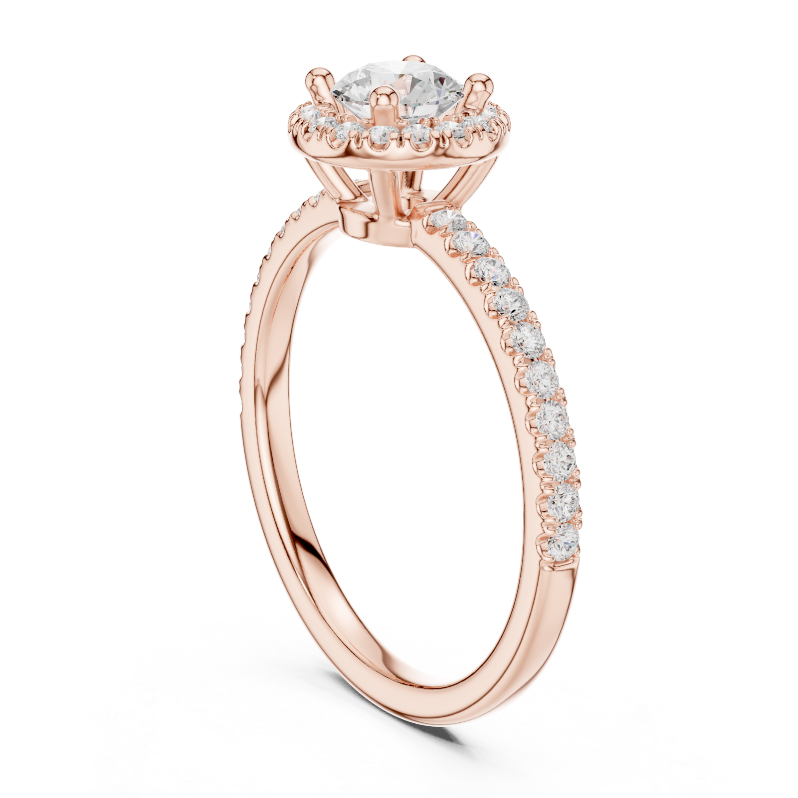  Rose Gold Serene Petal Halo Signature Solitaire Ring Left View
