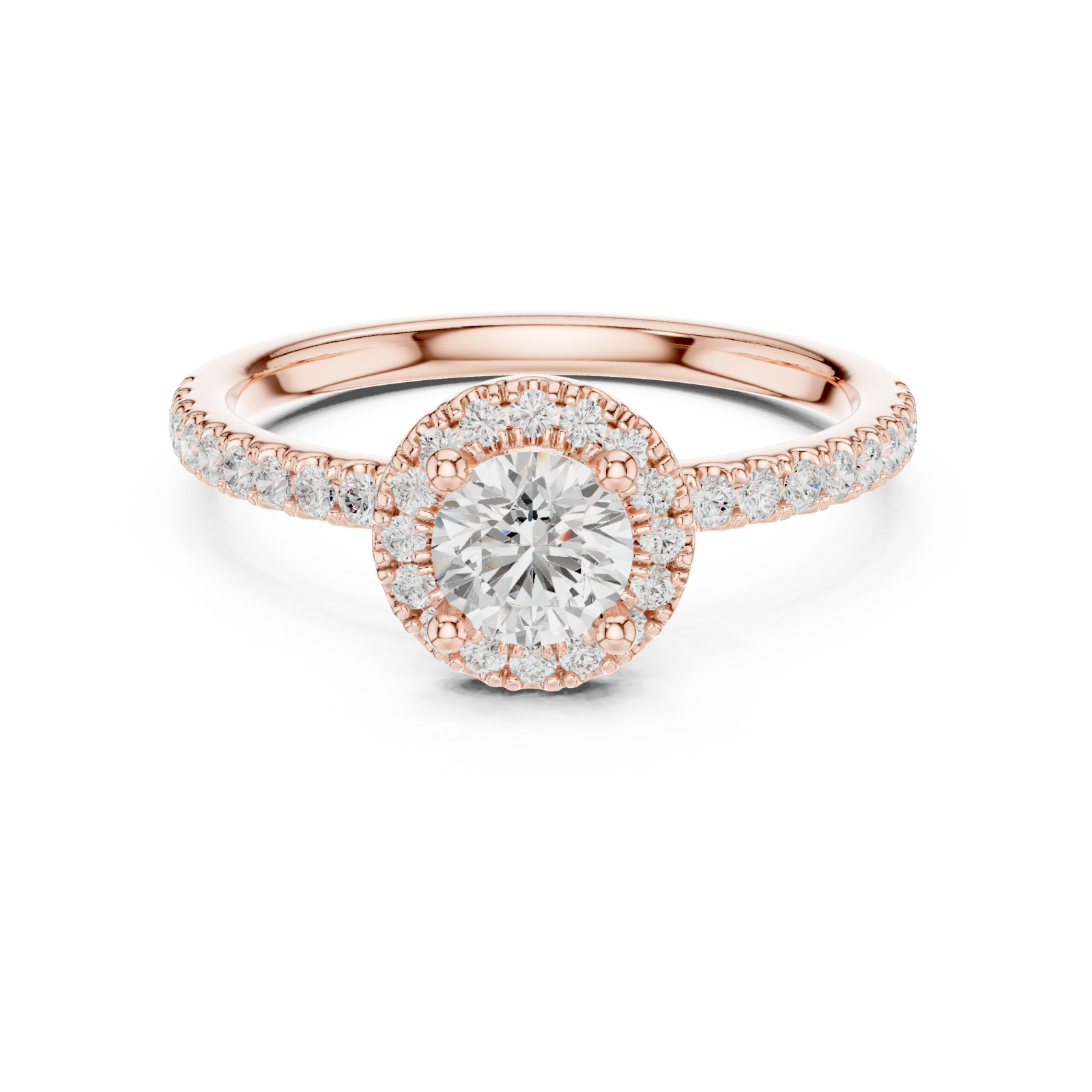  Rose Gold Serene Petal Halo Signature Solitaire Ring Front View