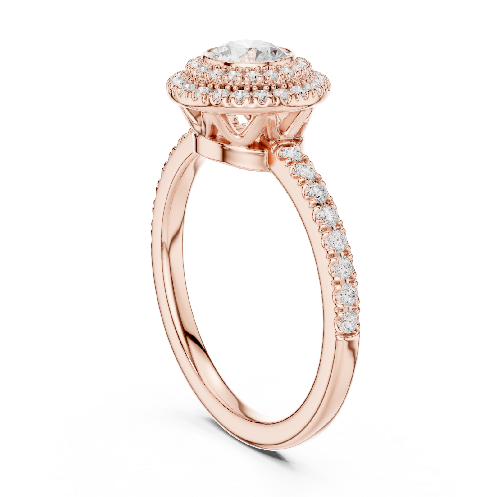  Rose Gold Celestial Harmony Double Halo Elegance Engagement Ring Left View