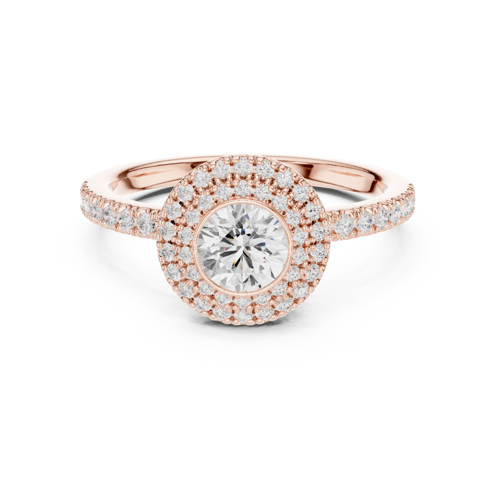  Rose Gold Celestial Harmony Double Halo Elegance Engagement Ring Front View