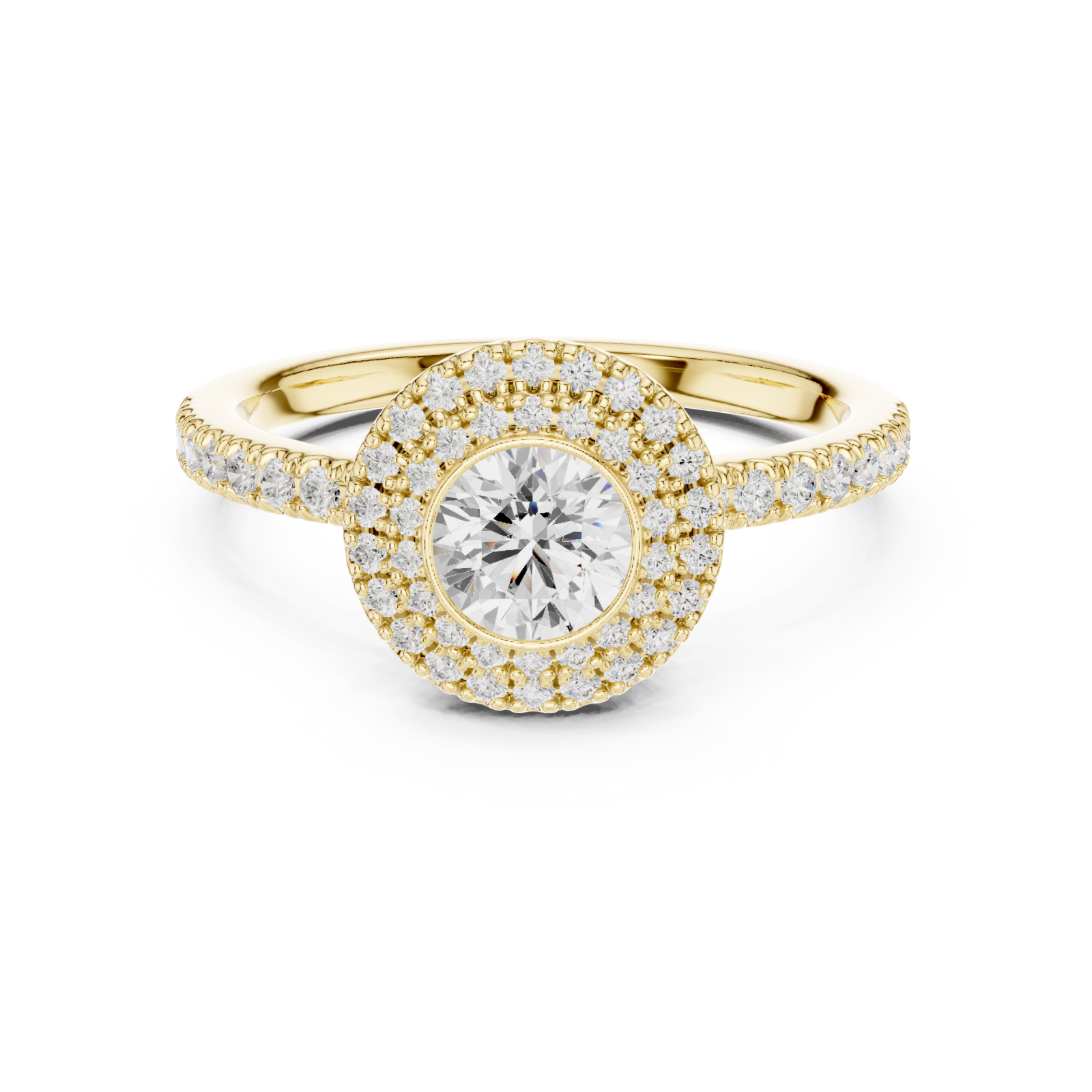  Gold Celestial Harmony Double Halo Elegance Engagement Ring Front View