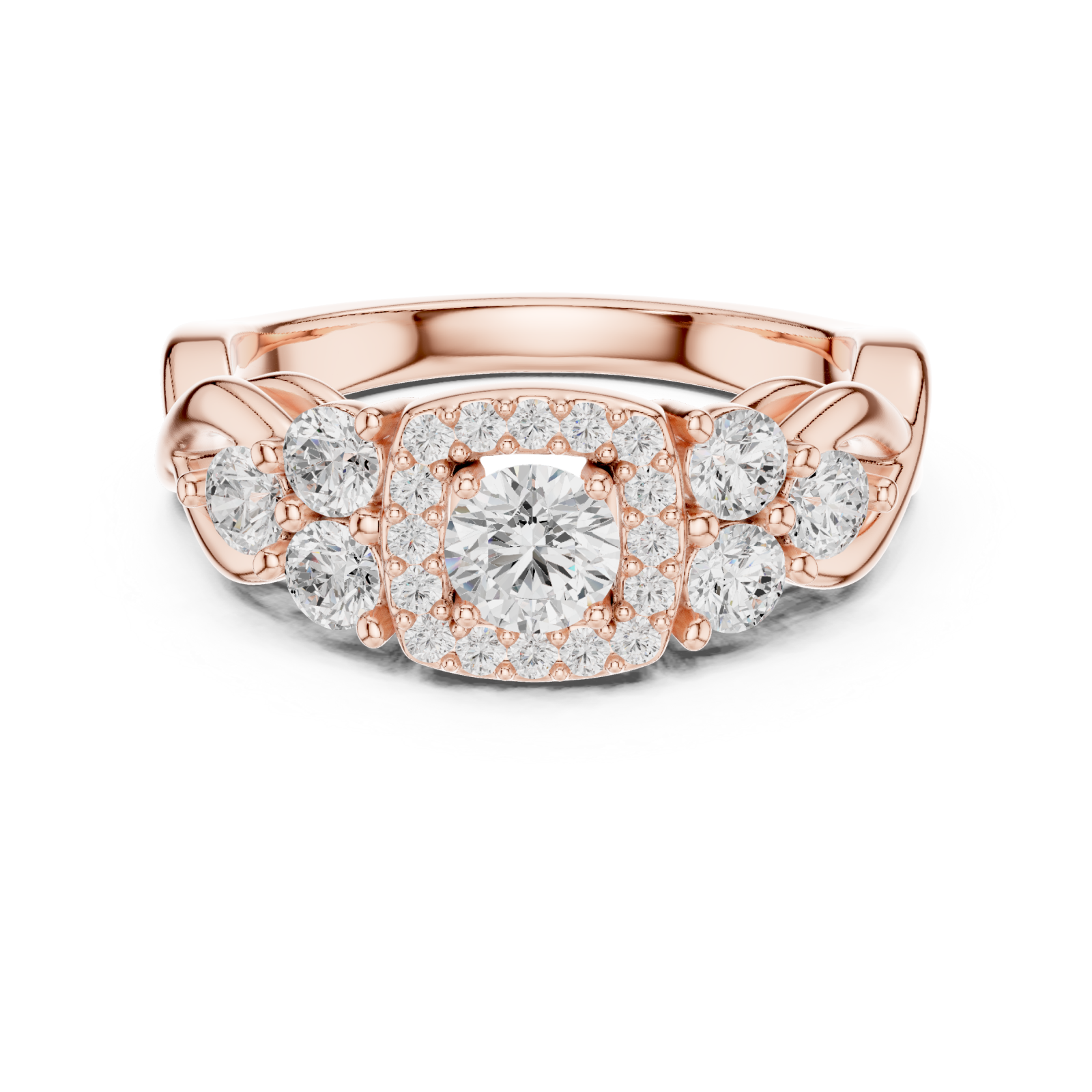  Rose Gold Lustrous Crown Halo Ring Front View