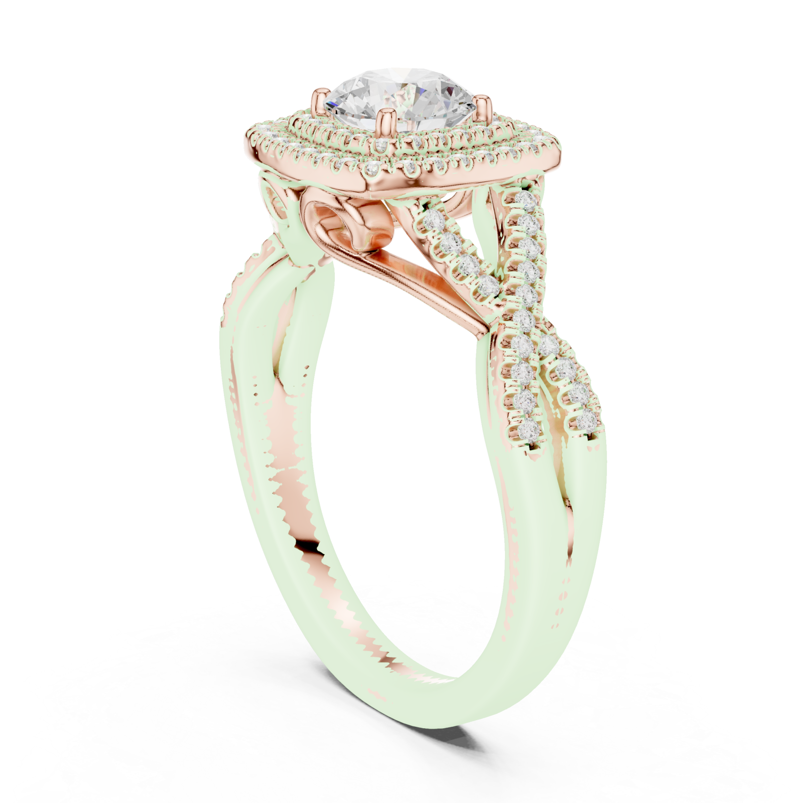  Rose Gold Serene Aura Cushion Setting Engagement Ring Left View