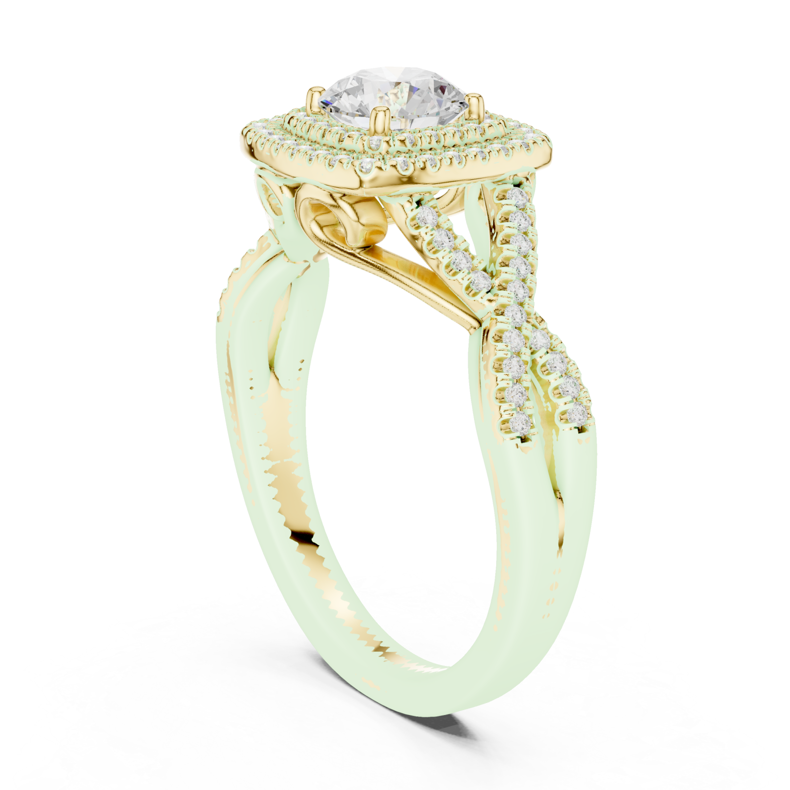  Gold Serene Aura Cushion Setting Engagement Ring Left View