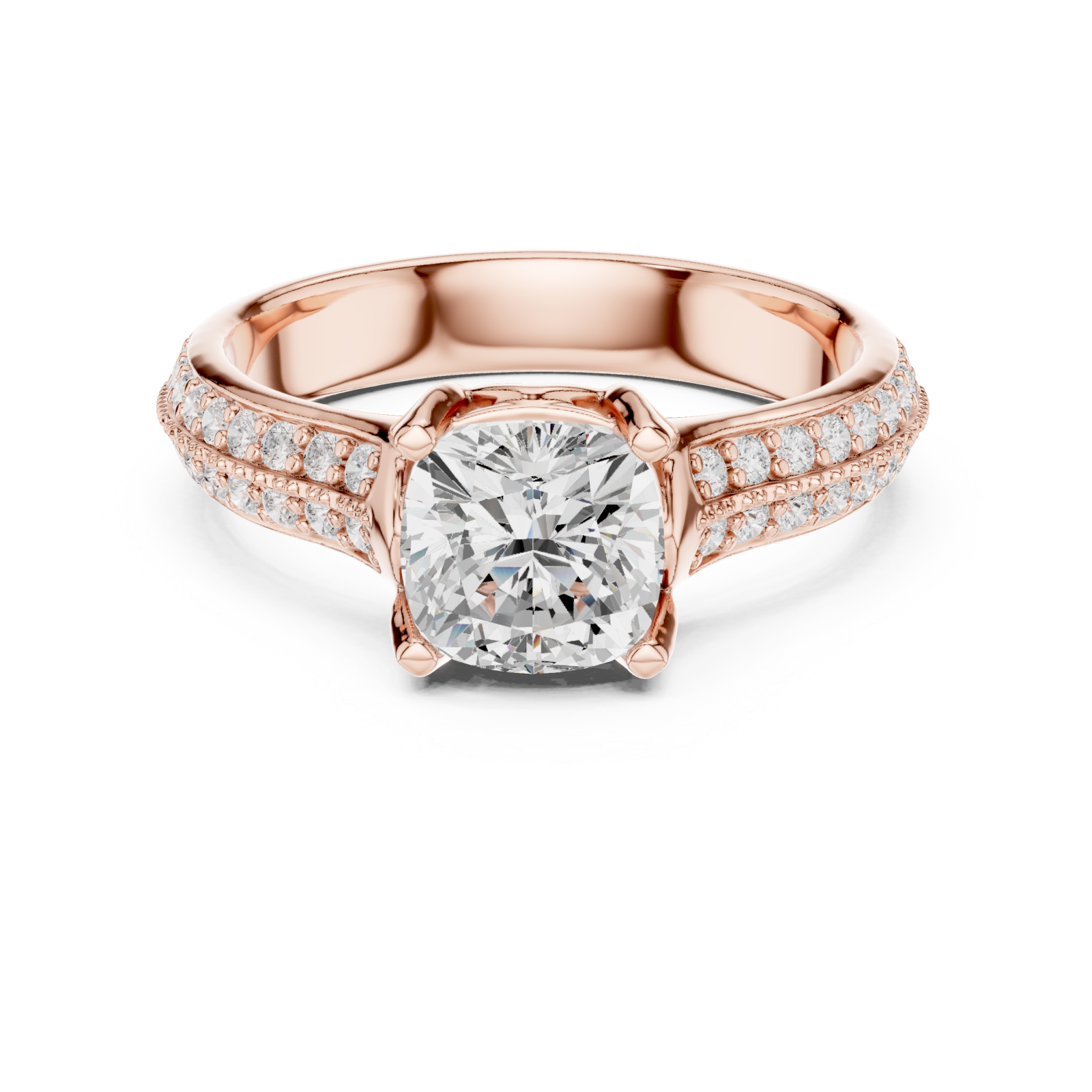  Rose Gold Graceful Embrace Cushion Halo Ring Front View