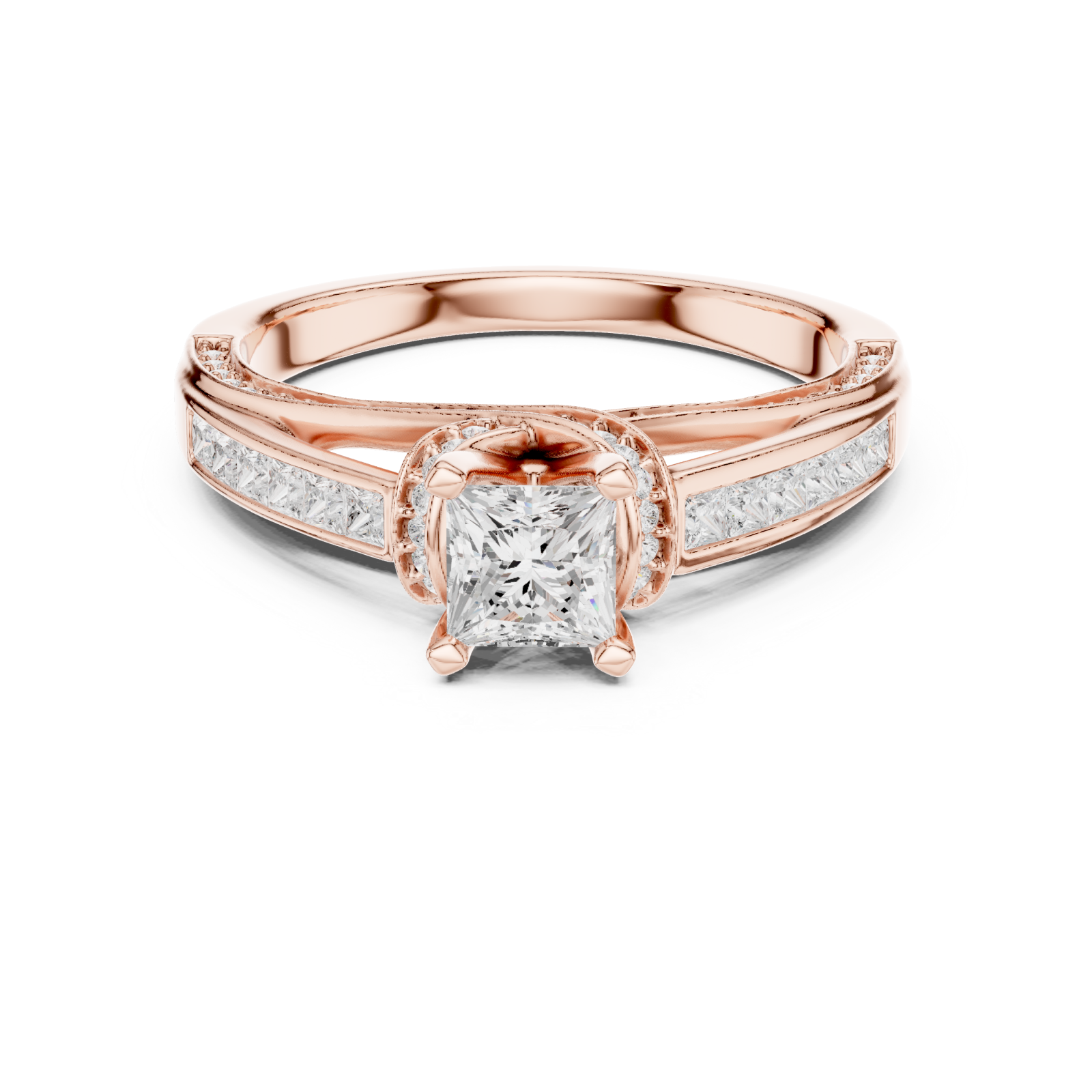  Rose Gold Gleaming Twin Row Halo Band Ring Front View