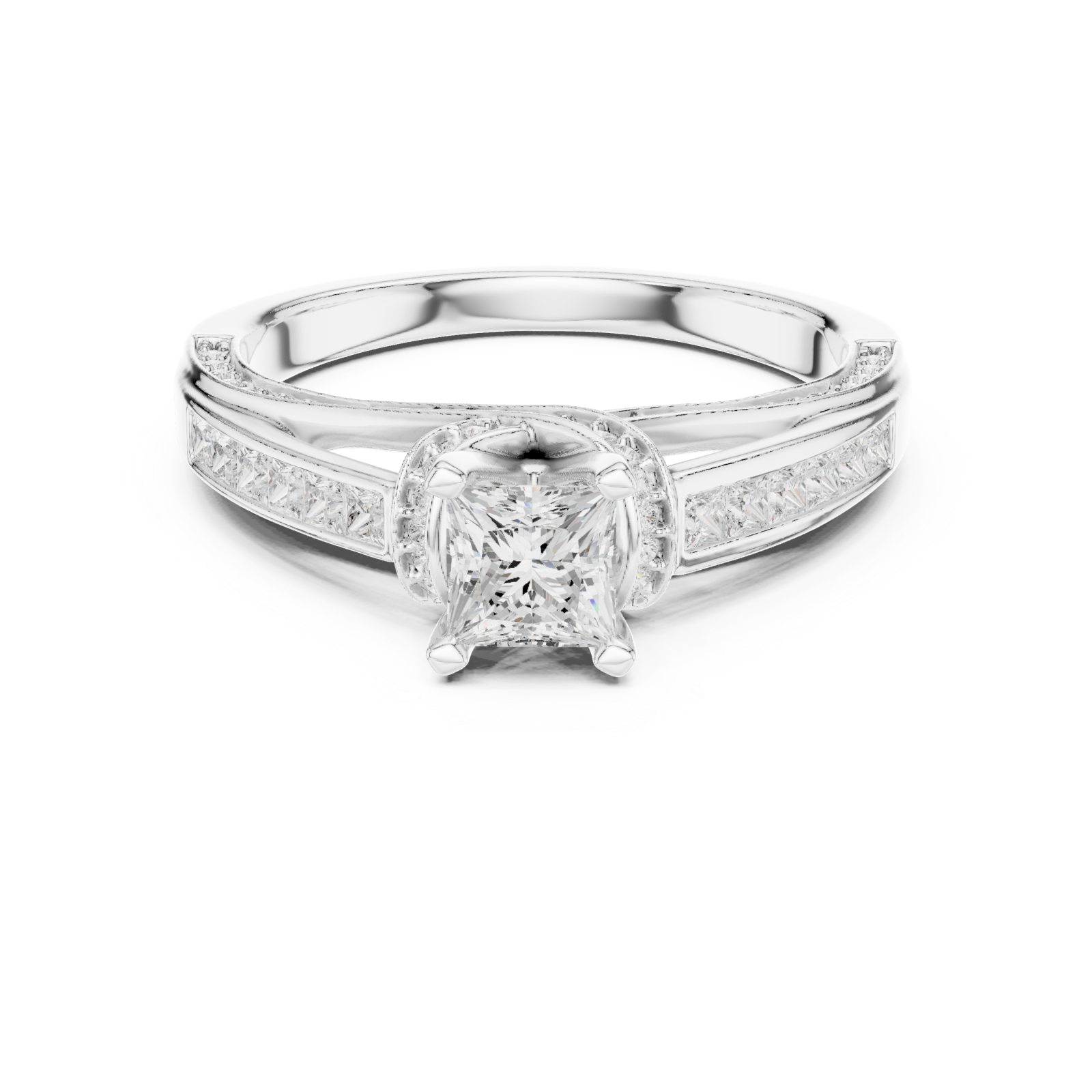  White Gold Gleaming Twin Row Halo Band Ring Front View
