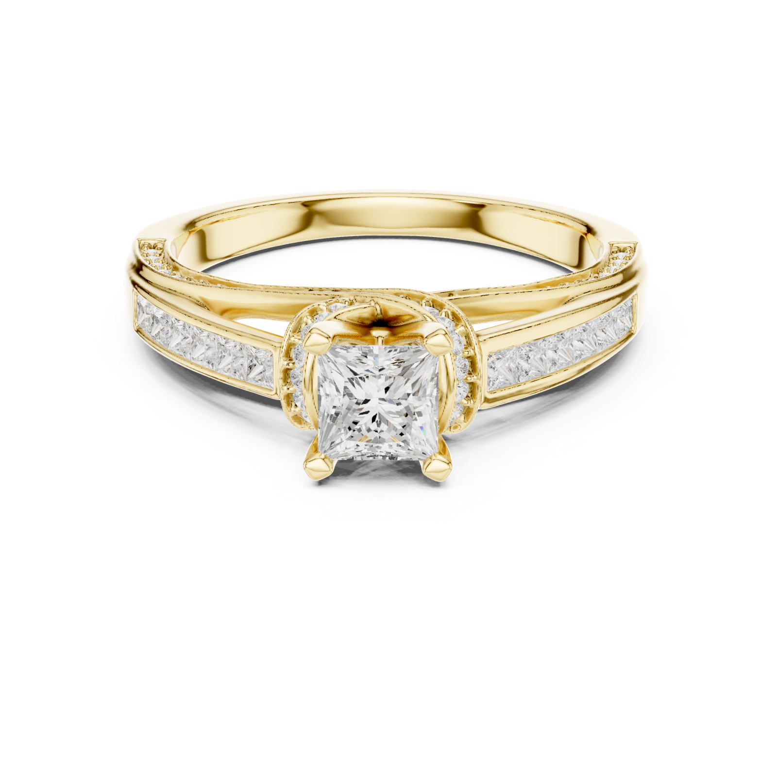  Gold Gleaming Twin Row Halo Band Ring Front View